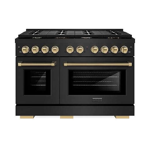 ZLINE Autograph 48 in. Paramount Dual Fuel Range in Black Stainless Steel and Bronze Helix Handles (SDRBZ-48-KCB)