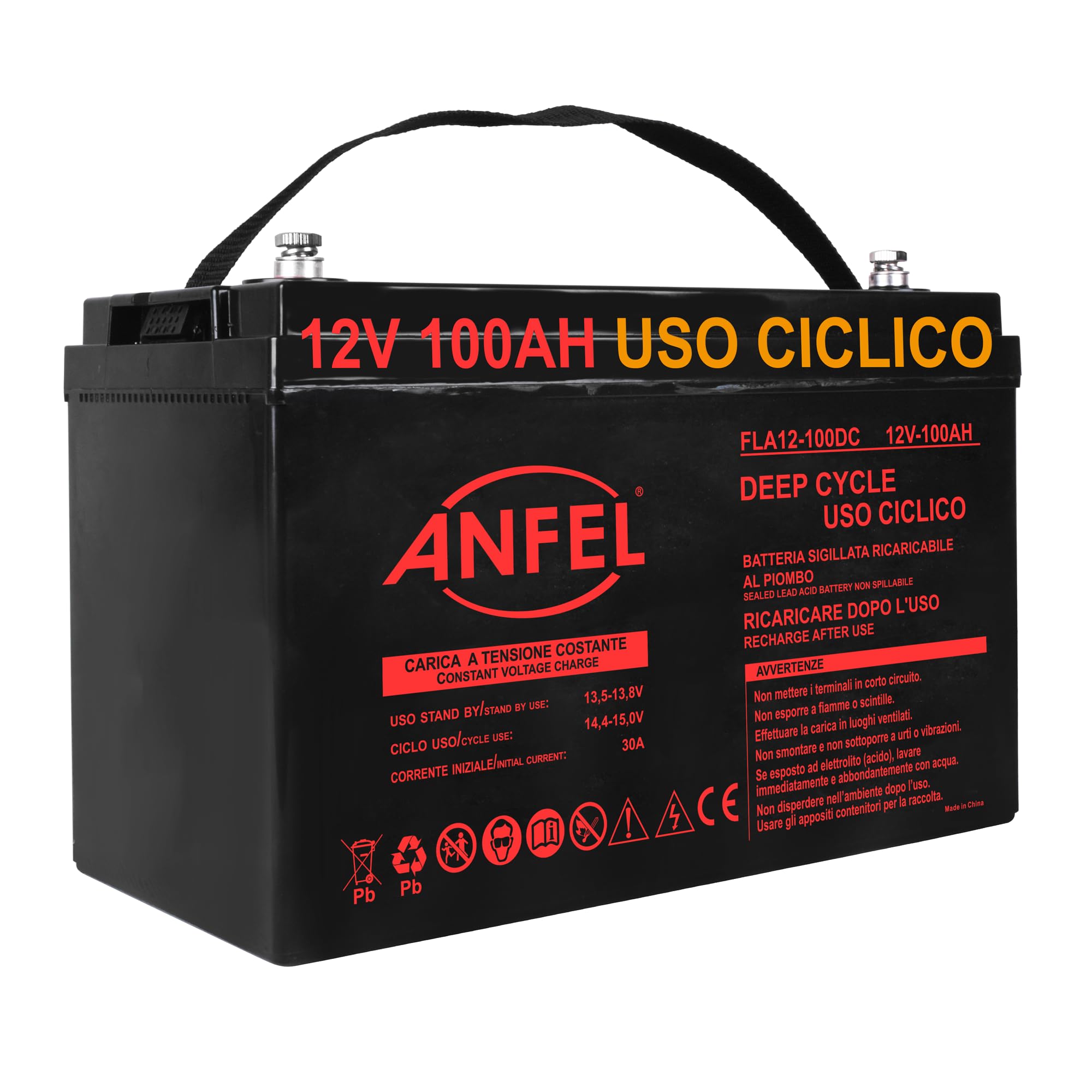 Batteria 12V 100Ah CICLICA Ricaricabile AGM Deep Cycle Solare Camper Barca Nautica UPS Sicurezza Veicoli Elettrici Impianti fotovoltaici SCARICA LENTA