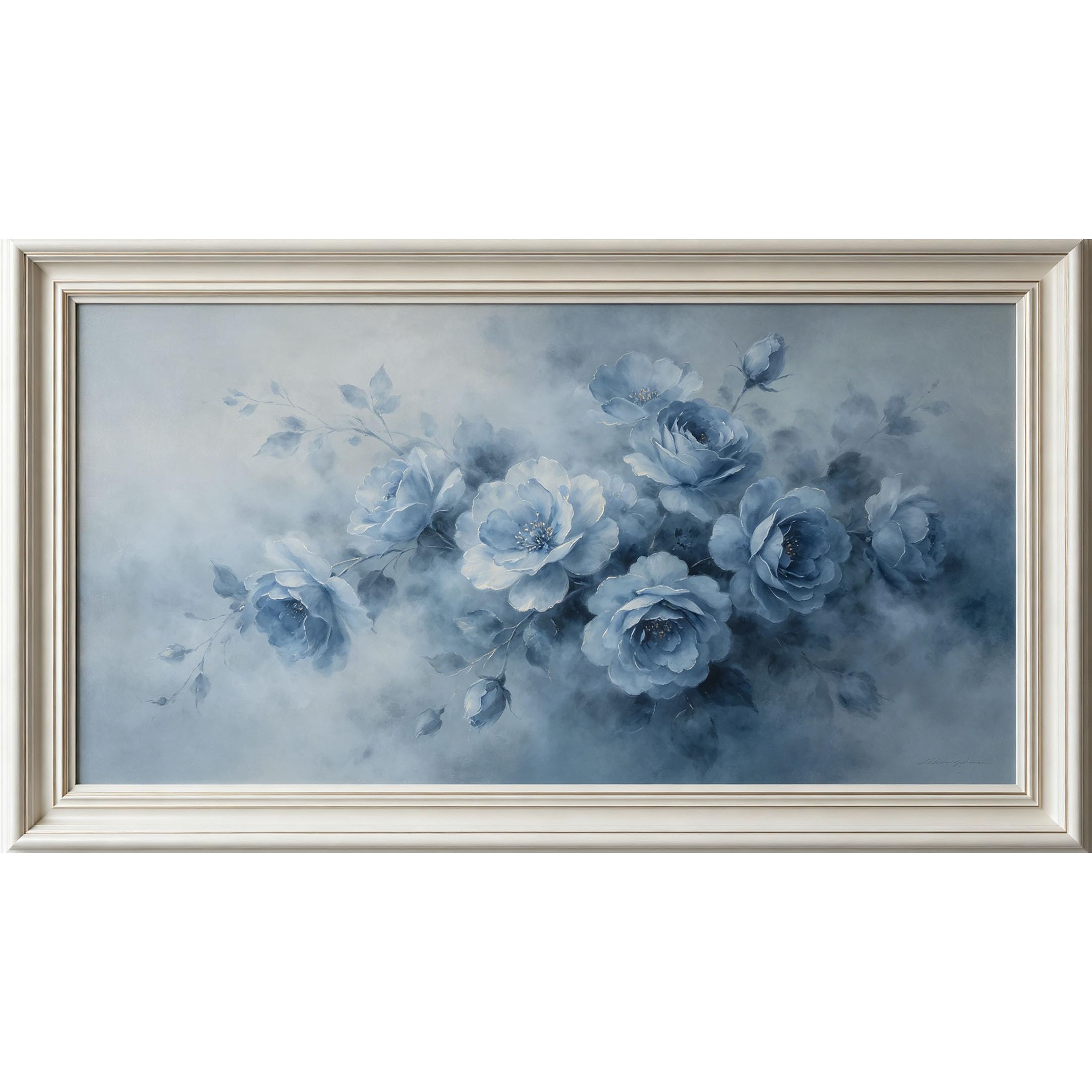 QZLITHOTIC 50×100cm 3D Framed Wall Art， Blue Peony Watercolor Botanical Floral Self?Adhesive Mural， Water?Activated Peel & Stick Fabric Decor Wall Decal for Bedroom Living Room