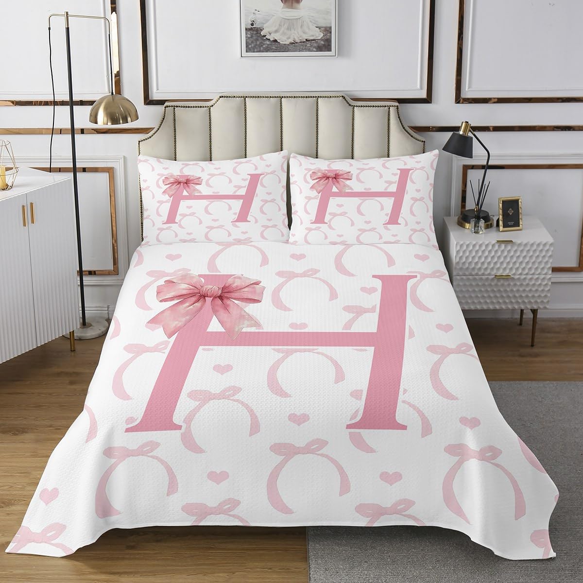 Manfei Bow Letter H Bedspread Queen Size, Kawaii Pink Bow Tie Coverlet Set 3pcs, Cute Cartoon Bowknot Girly Quilted Coverlet with 2 Pillowcases, Kids Girls Princess Room Decor, Soft Bedding Quilt