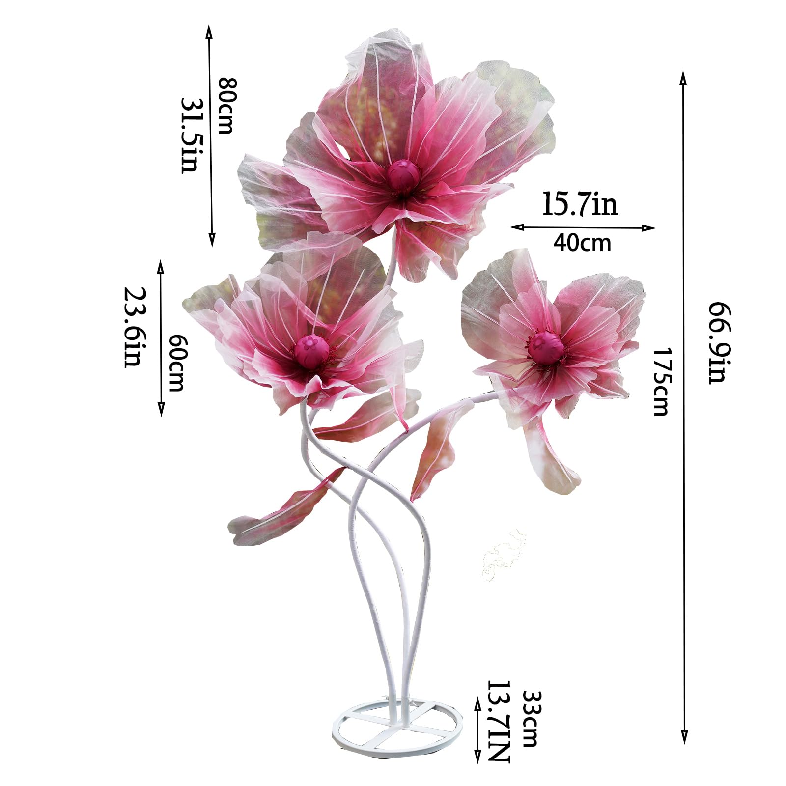 Flores gigantes para decoración, 3 cabezas grandes de seda artificial con soporte y base para recepción de bodas, fondo de banquete de fiesta, decoración del hogar (rojo)