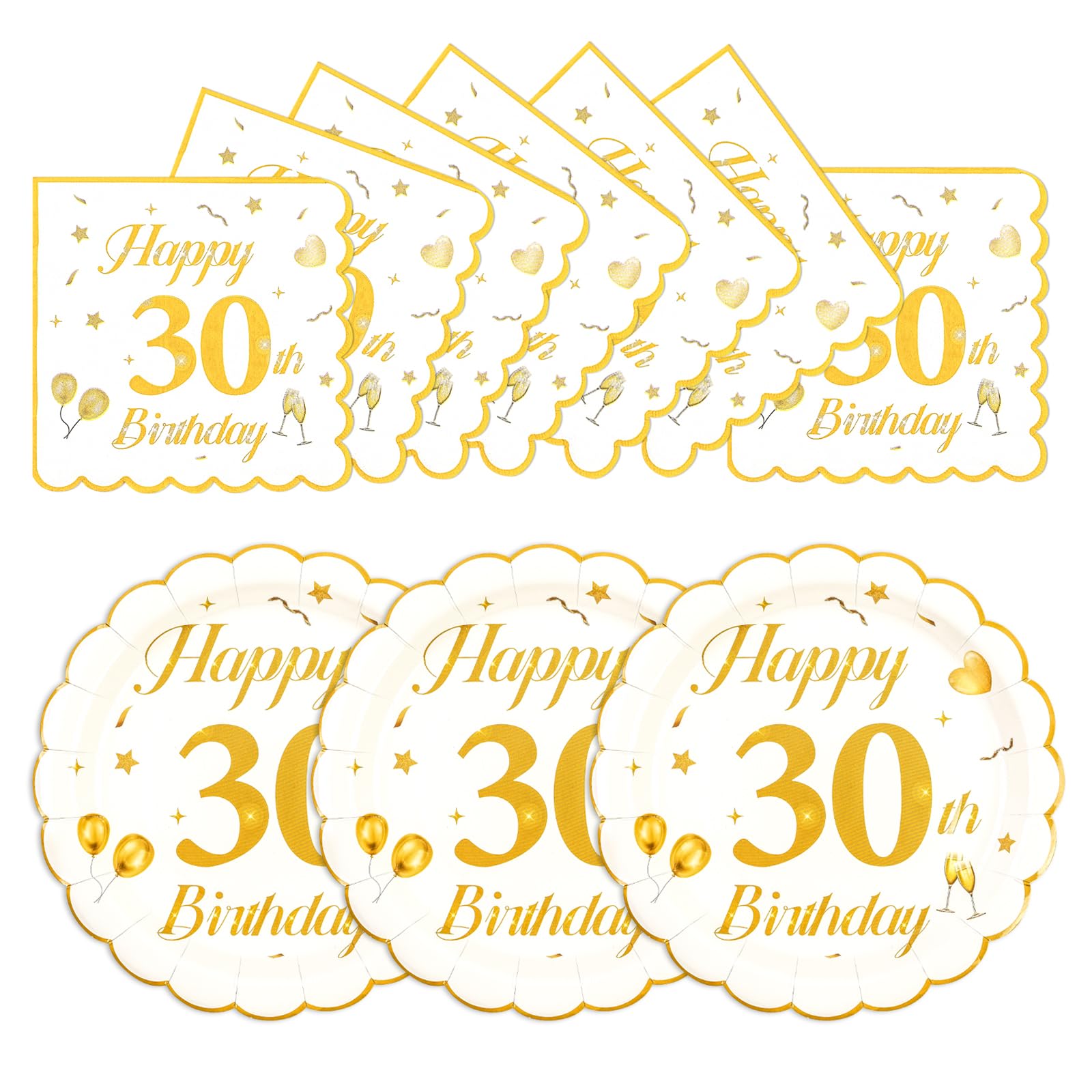 EVYIENEN 50PCS 30th Birthday Paper Plates and Napkins,7 Inch Scalloped Wihte and Gold Birthday Dessert Cake Plates Party and Cocktail Napkin for Men and Women Table Anniversary Decoration — image 1