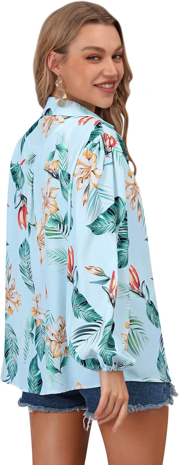 ZXZY Women's Hawaiian Shirts Long Sleeve Tropical Tops Button Down Dressy Casual Blouses - Image 5