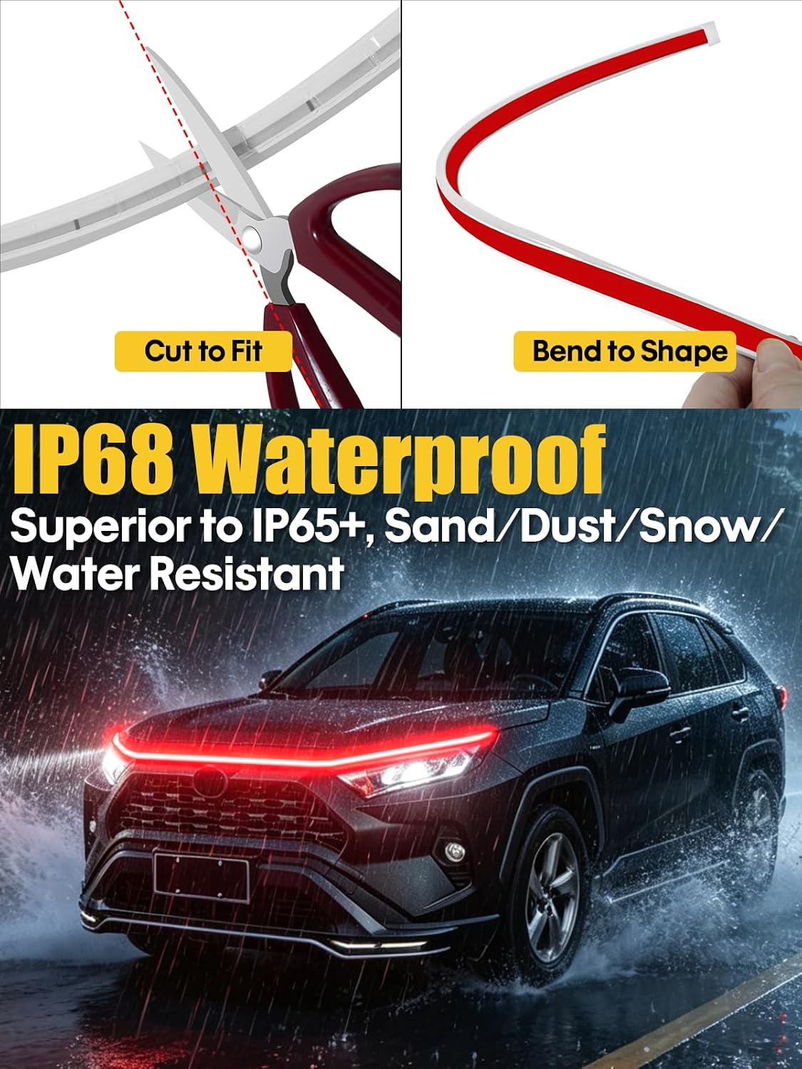 Sequential Dynamic Scan LED Hood Light Strip for Cars, Dual Color Red DRL with Amber Turn Signal, Flexible Cuttable IP68 Waterproof Exterior LED Light, for Trucks SUVs Vans, 70inch 12V, 1 Set