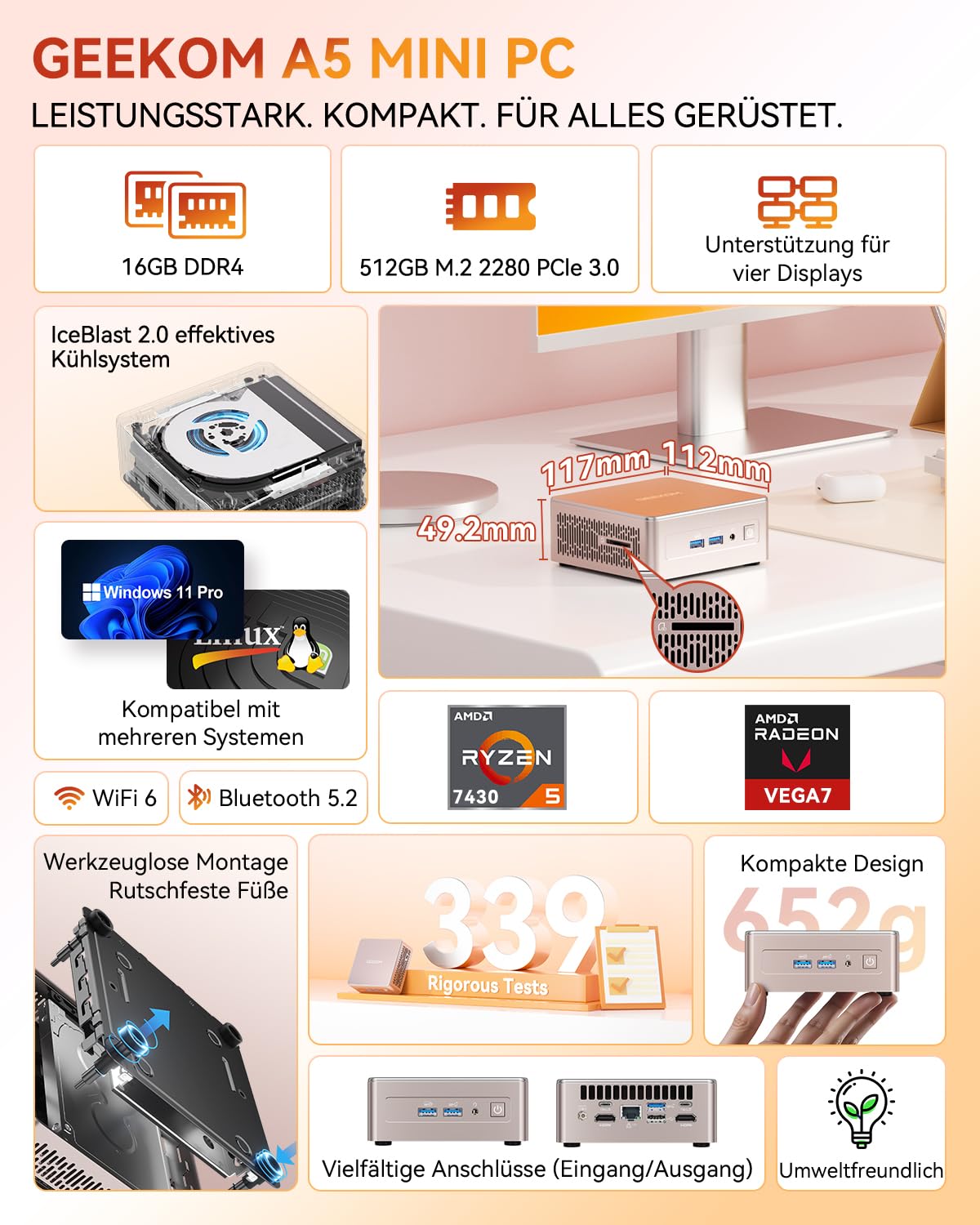 GEEKOM Mini PC A5 mit AMD Ryzen 5 7430U, 16GB DDR4 (Aufrüstbar,Kein LPDDR) 512GB SSD | 3 Jahren Garantie | 2.5G LAN | Windows 11 Pro | PC mit Dual HDMI 8K | Mini Computer für Home/Office/Gaming