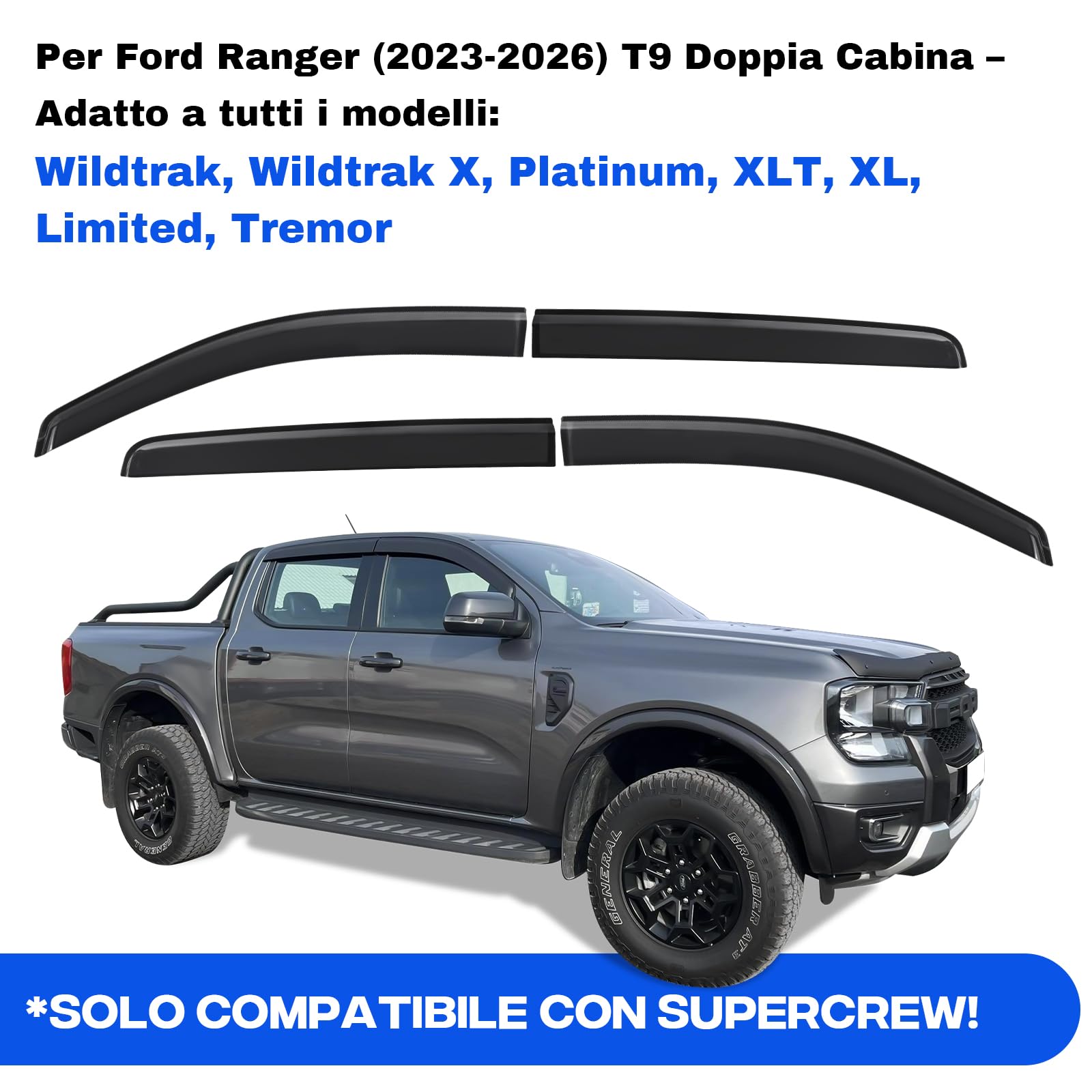 Deflettori antivento Smoke Nero per Ford Ranger T9 2023-2024-2025 4X4 Doppia Cabina XL XLT Raptor Wildtrak Limited Tremor Platinum