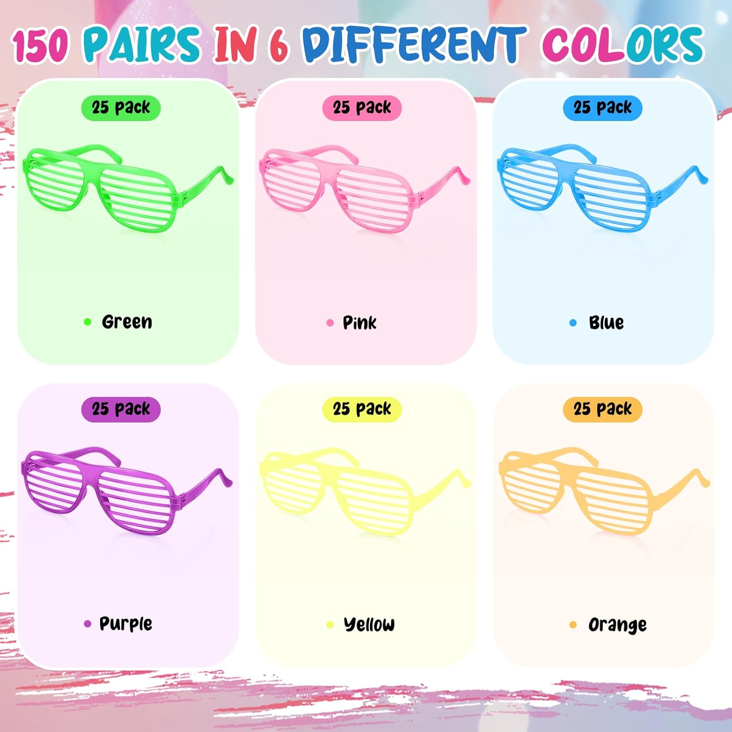 Baderke 150 Pack Plastic Shutter Shades Glasses Bulk, 80's Style Slotted Shutter Shade Neon Color for Party Birthday Favors(Purple,Orange,Pink,Yellow,Green,Sky Blue)