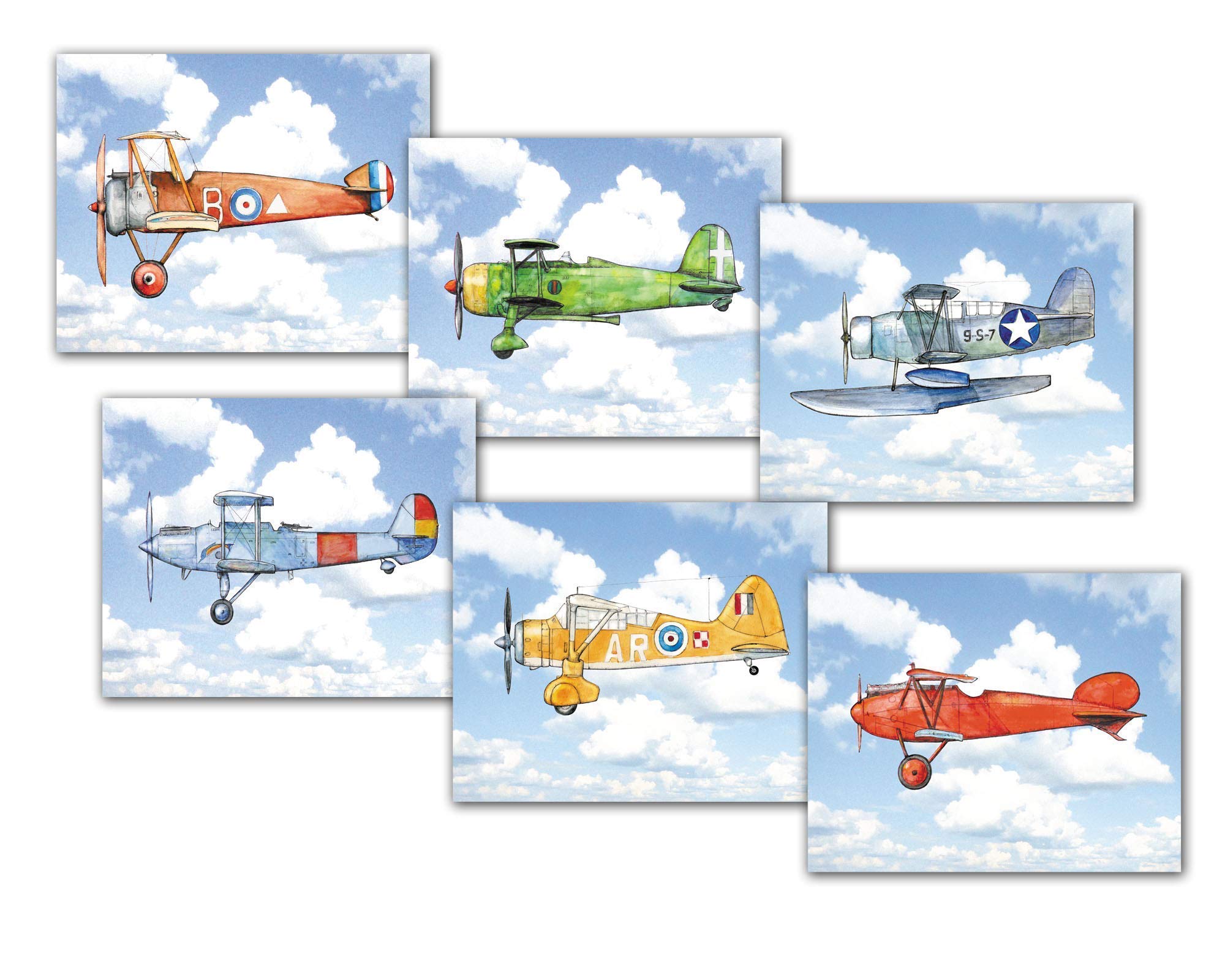 Airplane blue sky decor Set 6 prints 8x10 inch Nursery wall art