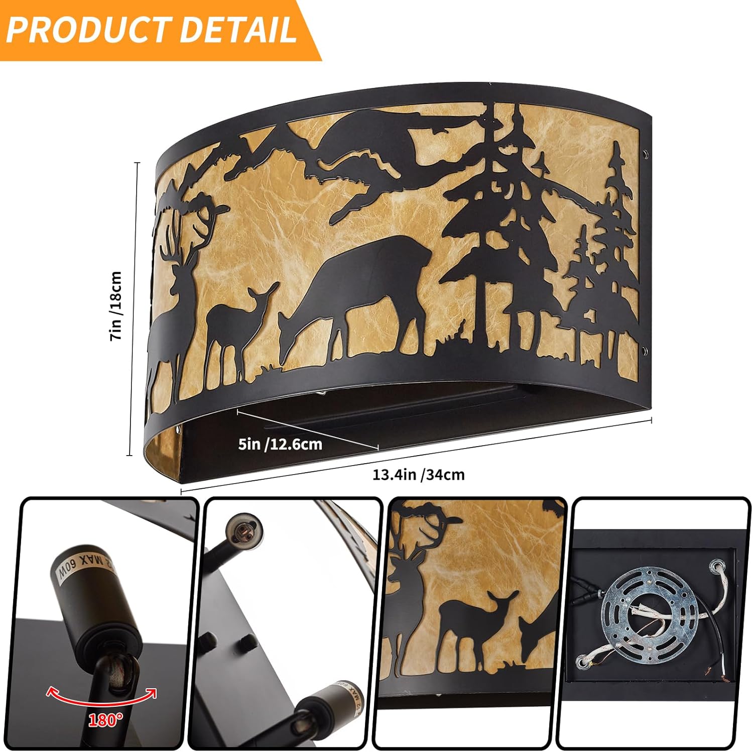 Farmhouse Deer Wall Sconces, E12 Base Rustic Industrial Wall Lights for Bedroom, Living Room, Hallway, Stairway, and Porch Lighting