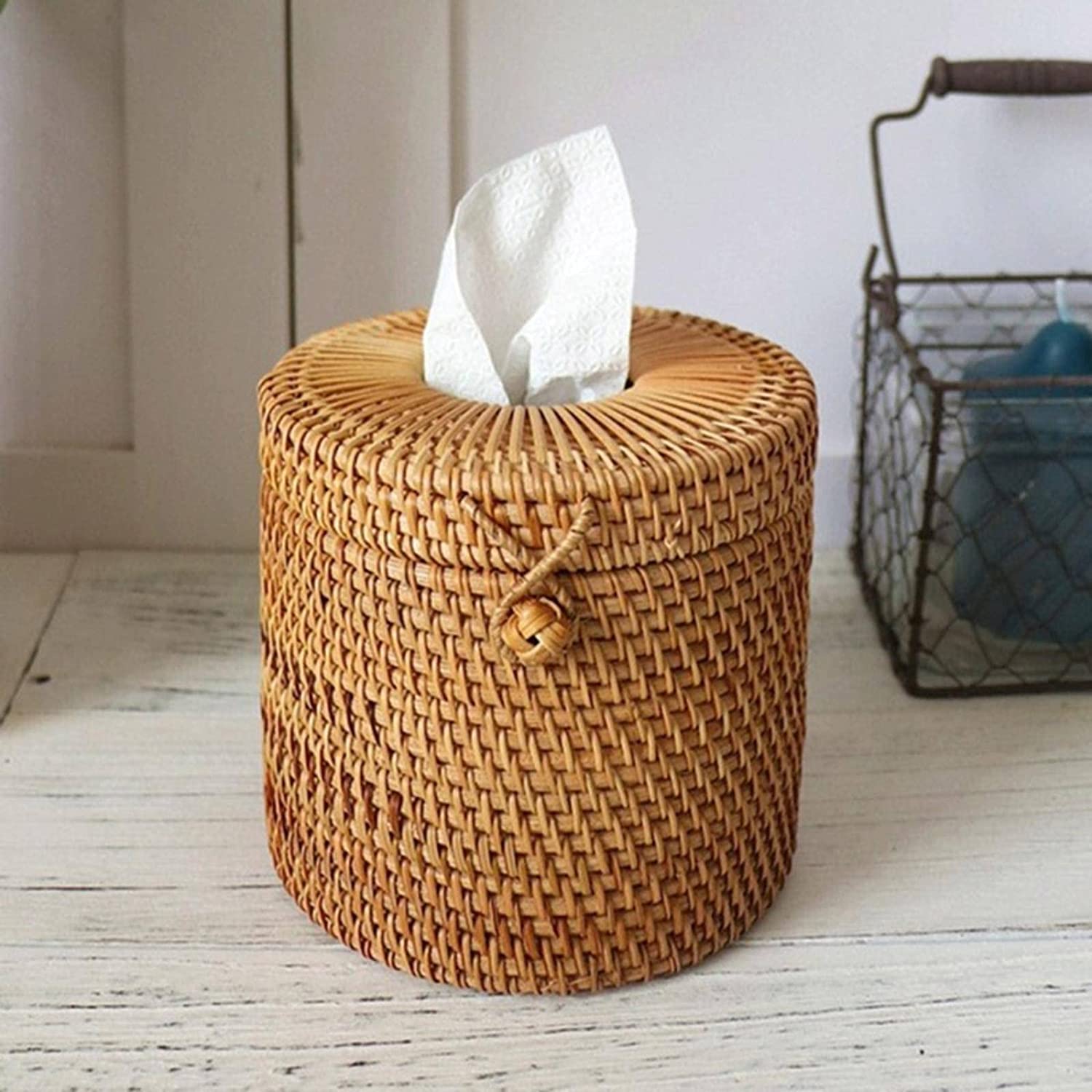 Pudełko na Chusteczki Nawilżane, Skrzynka na tkankę Okrągły Rattan Tissue Box Vine Roll Holder Papier WC Dyspensator do domu Sypialni i Salonu