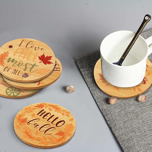 Miniatura 7 de Portavasos de madera para Acción de Gracias, juego de 6 posavasos redondos de bambú para protección de mesa, botella de vidrio resistente al calor,