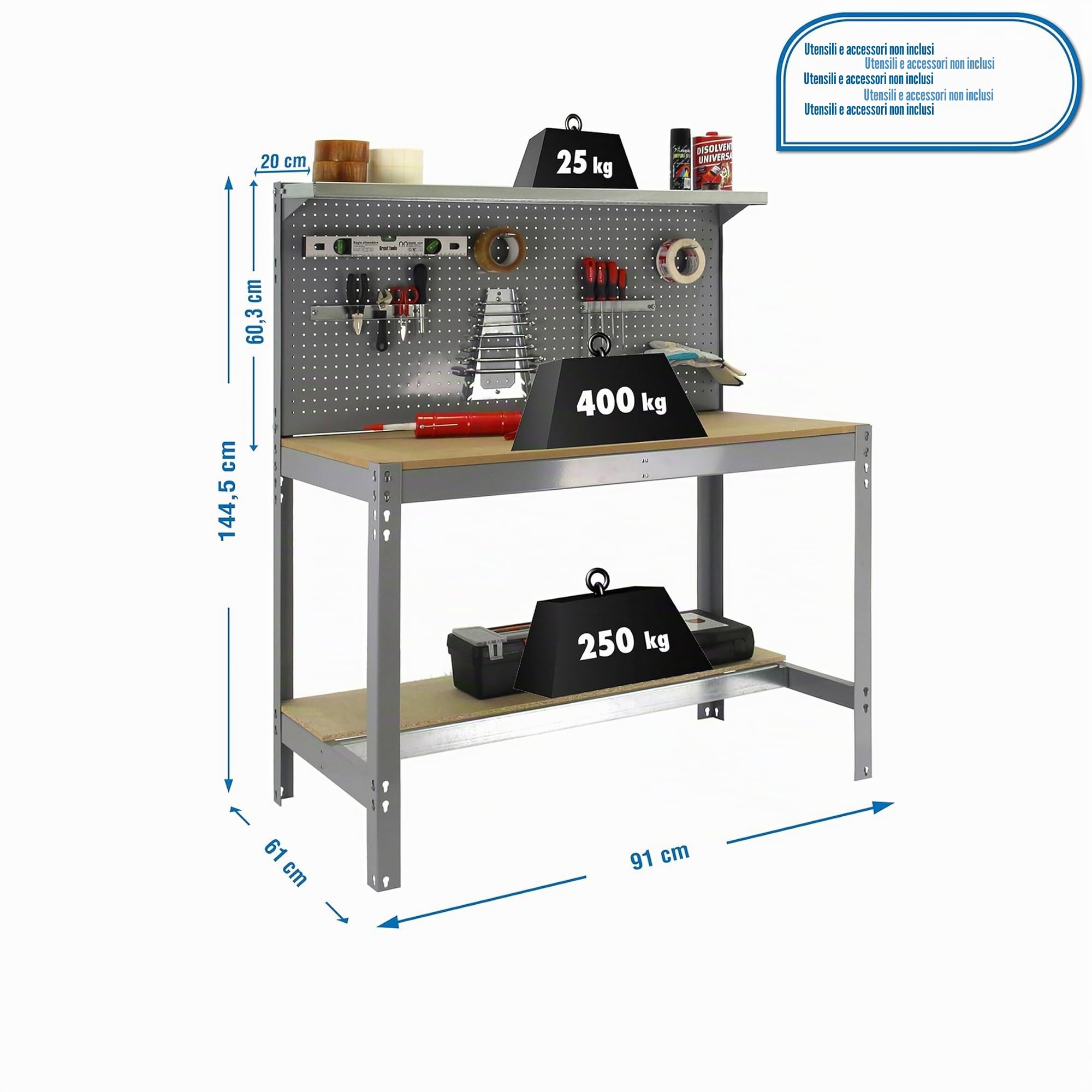Simon Rack Banco da lavoro per officina, capacità di carico 400 kg, 1445x910x610 mm, tavolo da lavoro fai da te, Gris/Legno - BT3