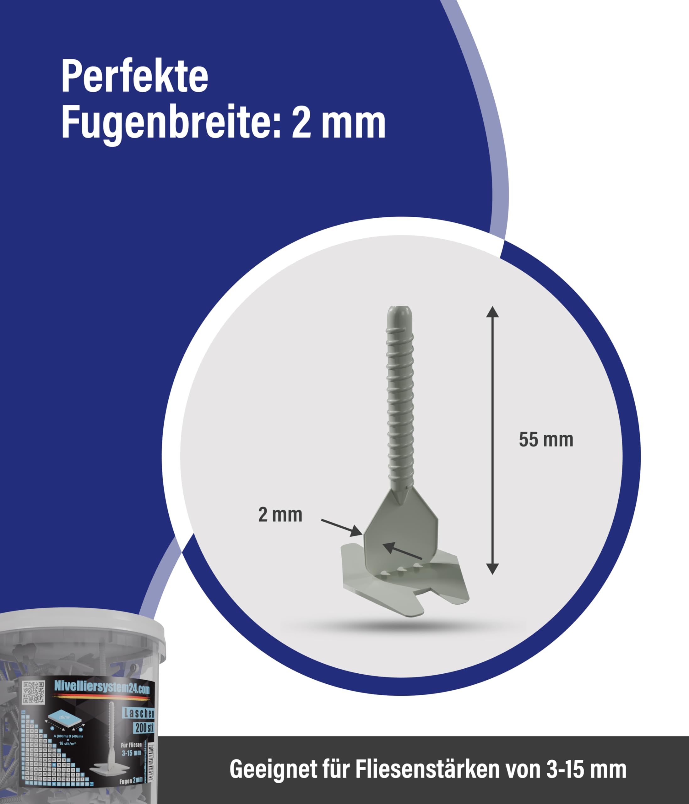 Zuglaschen für 2 mm Fugen für Fliesenstärke von 3-15 mm, 200 Stück + Eimer – Geeignet für Fliesen-Nivelliersystem – 16602 (1 Eimer)