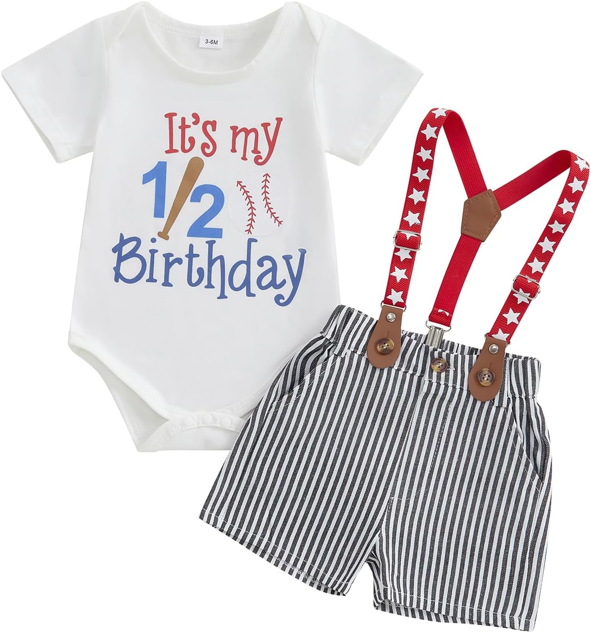 Half Birthday Outfit Baby Boy Short Sleeve Letter Romper Striped Suspender Shorts Cute Baseball Outfit Clothes