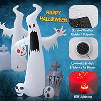 Vista 3 de Inflables de Halloween de 12 pies para exteriores, decoración de patio, fantasma blanco de terror con 3 cabezas de calavera sangrante, lápida