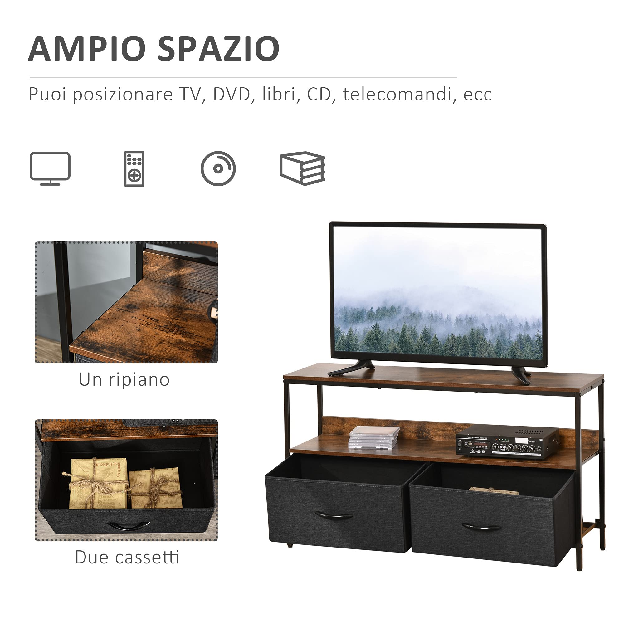 HOMCOM Mobile Porta TV Fino a 47", 98x29x56 cm, Marrone Rustico | Mobile TV, con 2 Cassetti Pieghevoli in Tessuto e Mensola, Mobiletto per Televisore per Soggiorno, Camera da Letto e Salotto