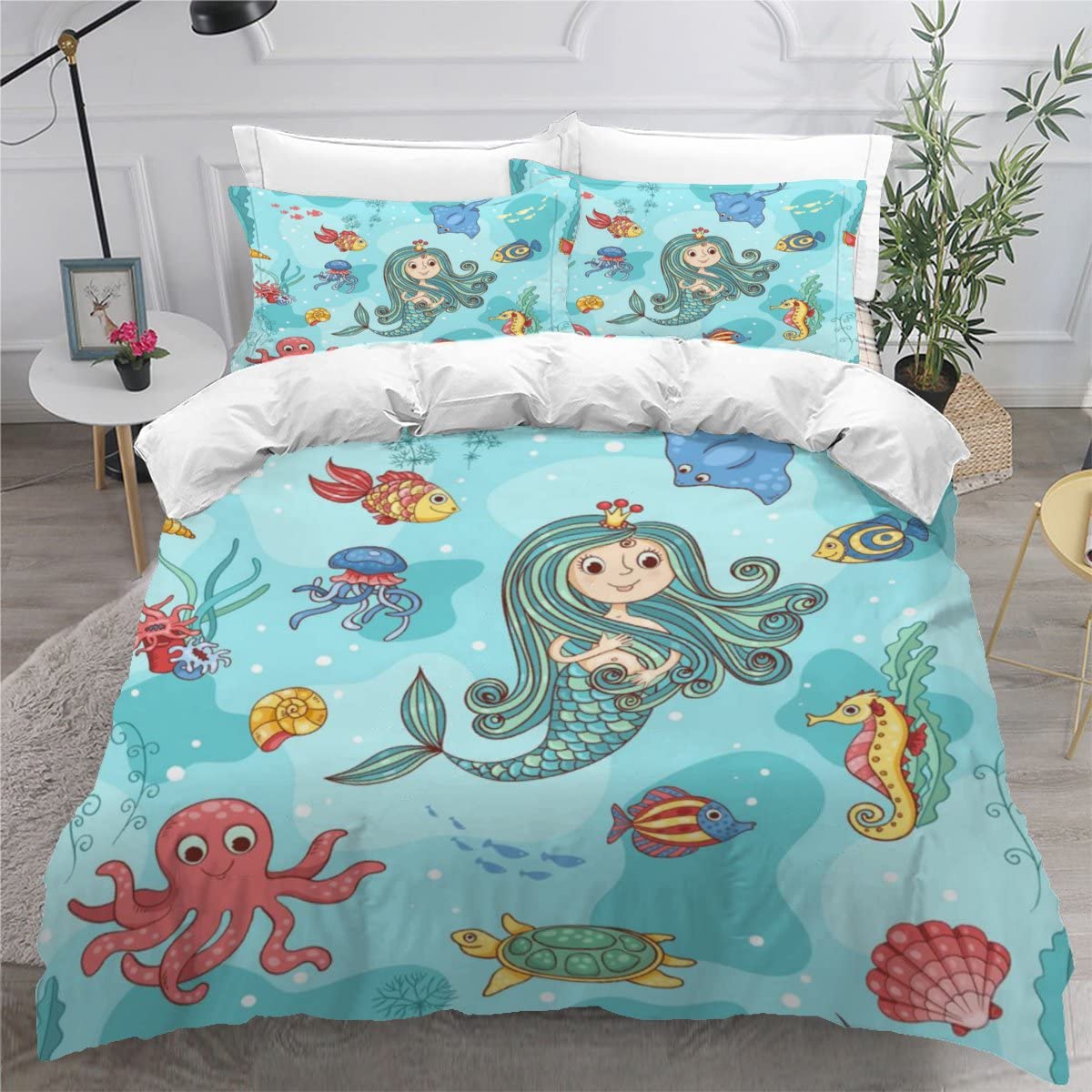 Housse de couette 220x240 sirène en microfibre avec 2 taies d'oreiller