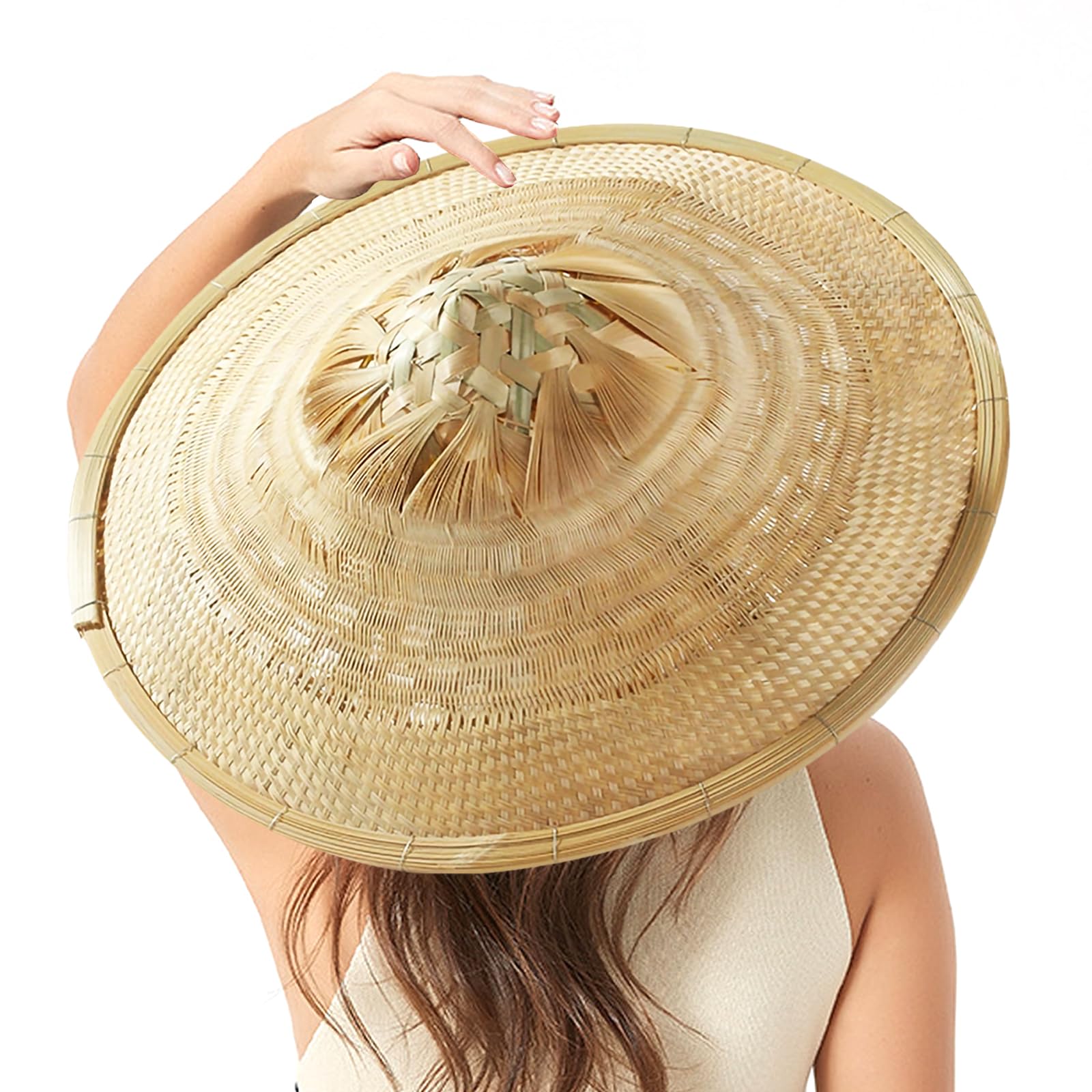 TIETHEKNOT Sombrero de paja de bambú hecho a mano (diámetro 42 cm, profundidad 12 cm), amarillo claro, 59
