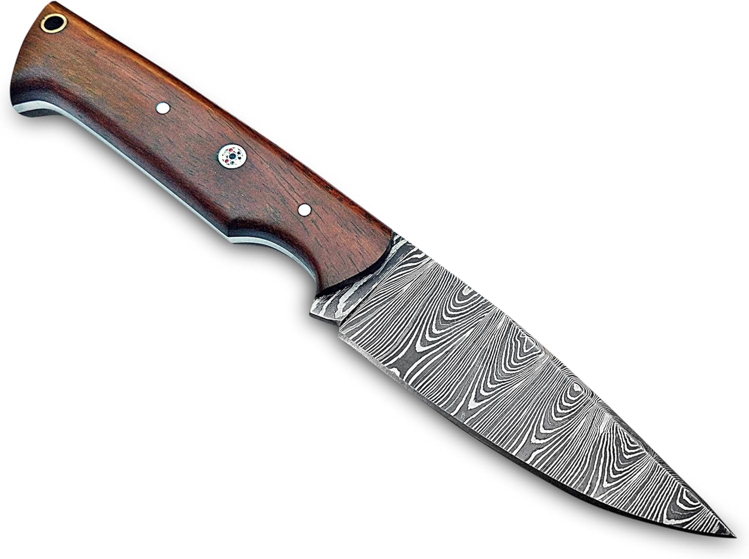 Handmade Damascus Hunting Knife with Leather Sheath – EDC Fixed Blade Bushcraft Tool with Wood Handle – 8” Skinning Blade for Hunting, Skinning, Camping, and Outdoor Use