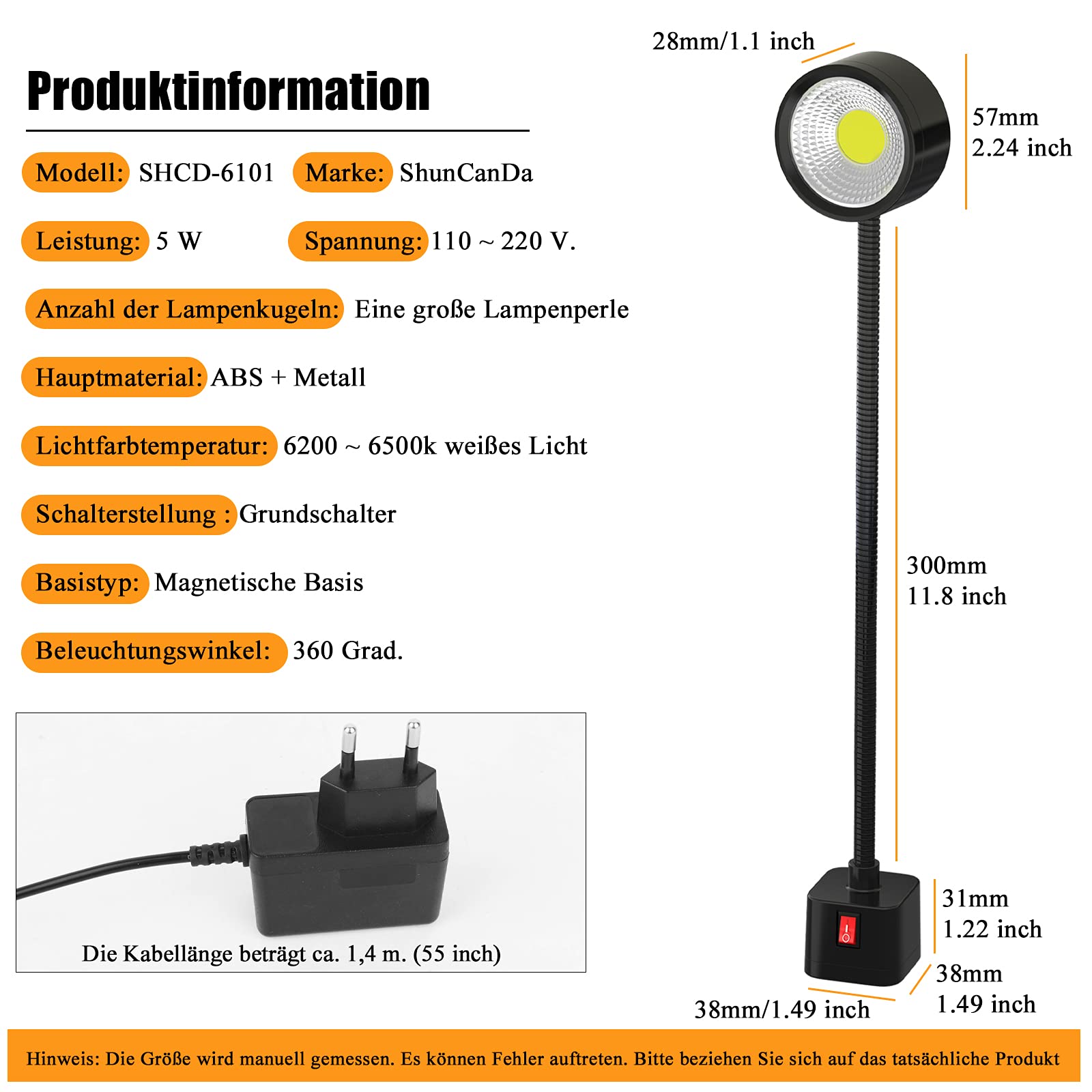 Led Magnetische Arbeitsleuchte 300mm Flexible Schwanenhalslampe 500 Lumens 220 Volt für Nähmaschine Drehbank Fräsen Bohrmaschine Industrielle Beleuchtung (5W)