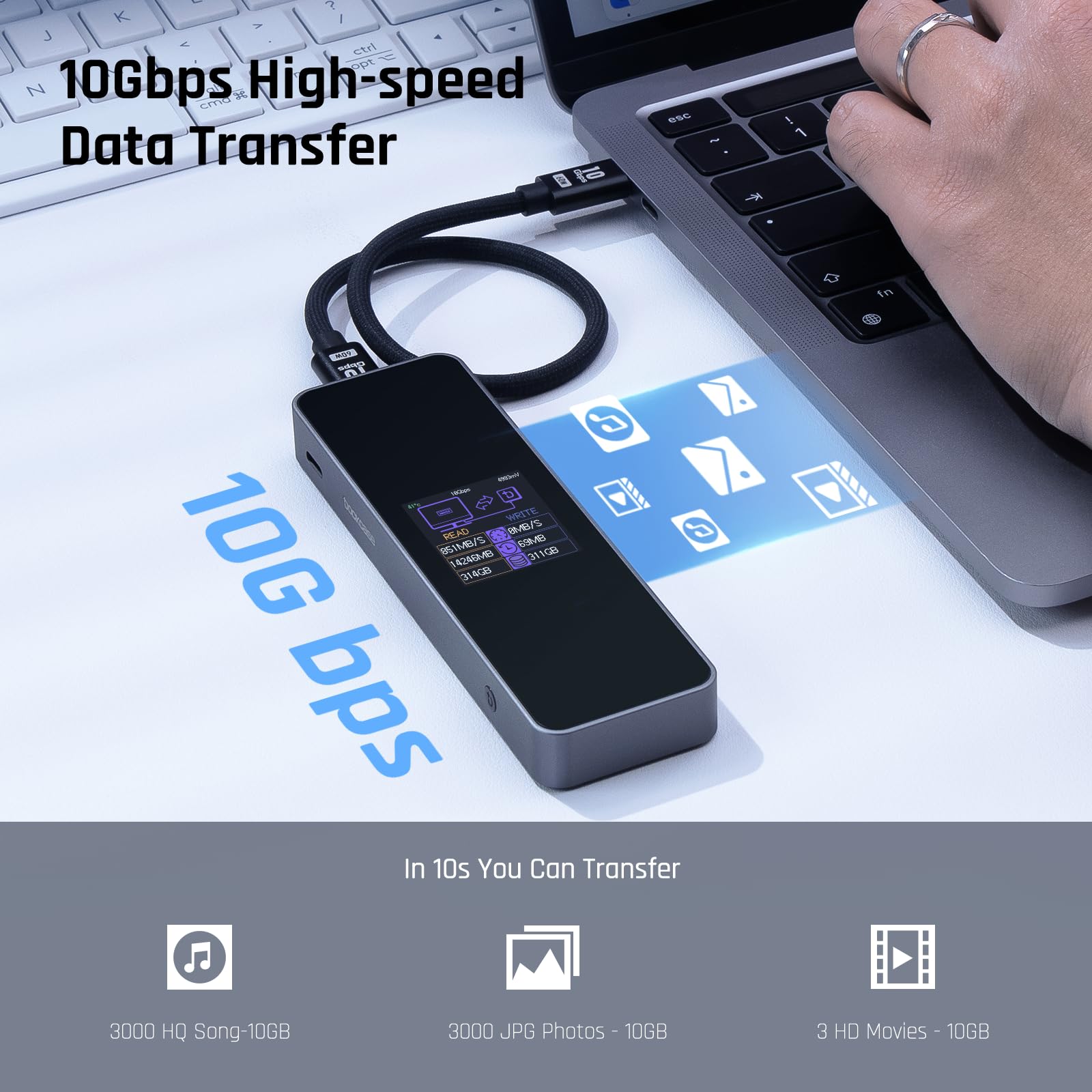 DOCKCASE Smart Case SSD M2 Protezione di Alimentazione di 10s, Rilevamento della salute dell'SSD, Doppie Porte USB-C 3.2 Gen 2 (10Gbps) NVMe Case Supporta NVMe SSD fino a 4TB