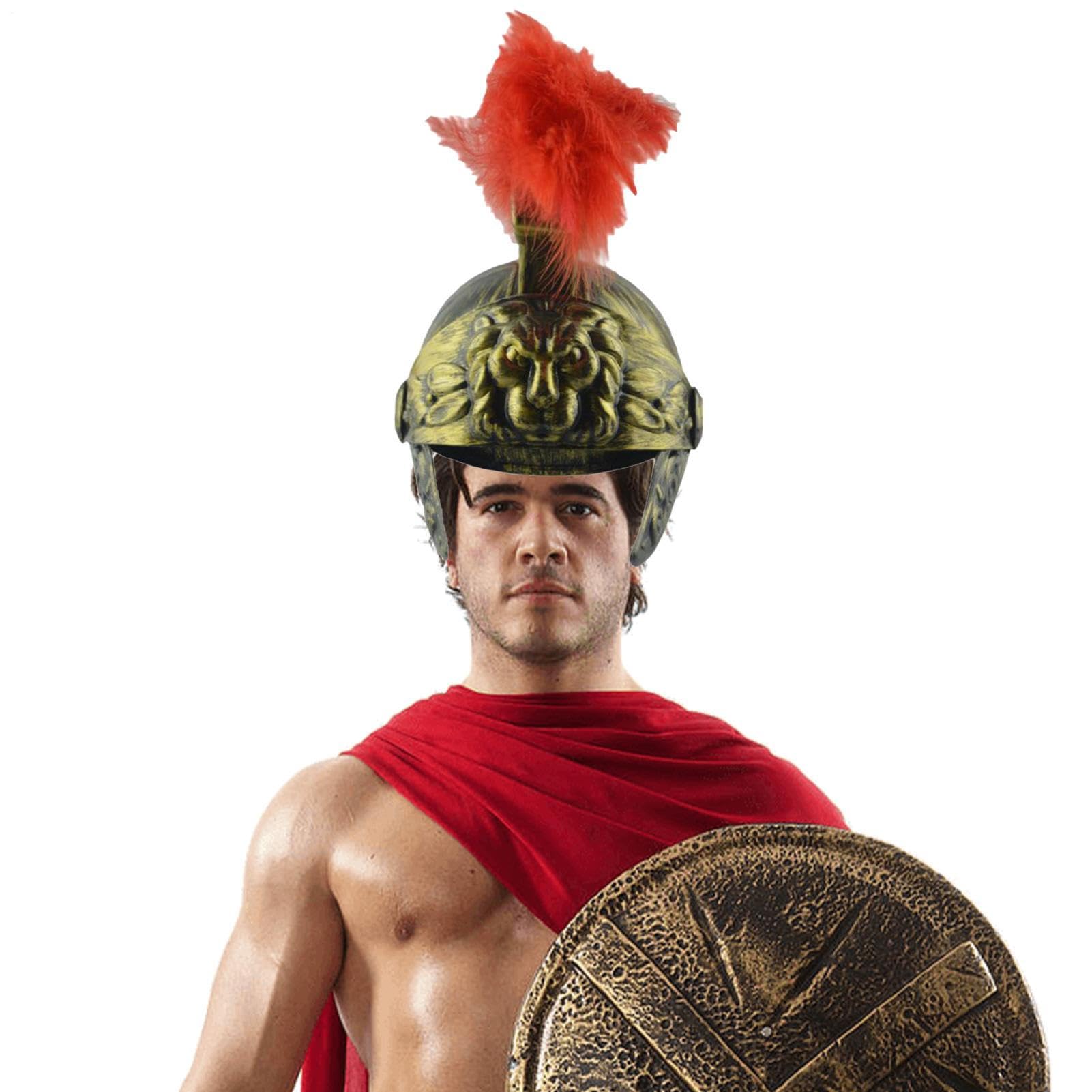 Elmi Greci - Copricapo Del Guerriero Romano, Elmo Per Armatura Del Costume Da Centurione D'oro, Autentico Copricapo Dall'aspetto Da Gladiatore Con Stemma Di Piume Naturali | Costume Da Soldato Romano