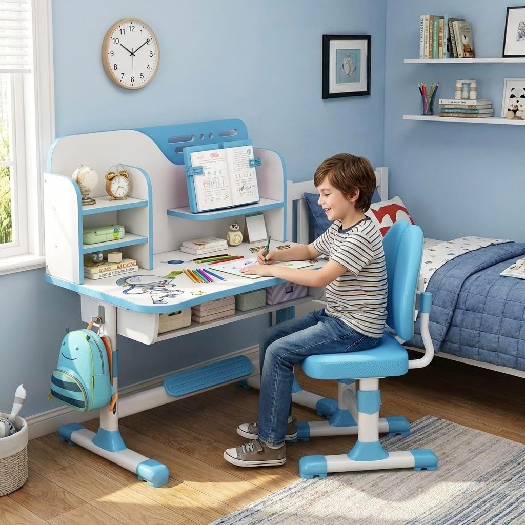 Kids Desk and Chair Set for 6-12, Hight Adjustable Study Table, Table for Kids with Bookshelf and Drawers, Bedroom Desk for Boys and Girls (Blue)