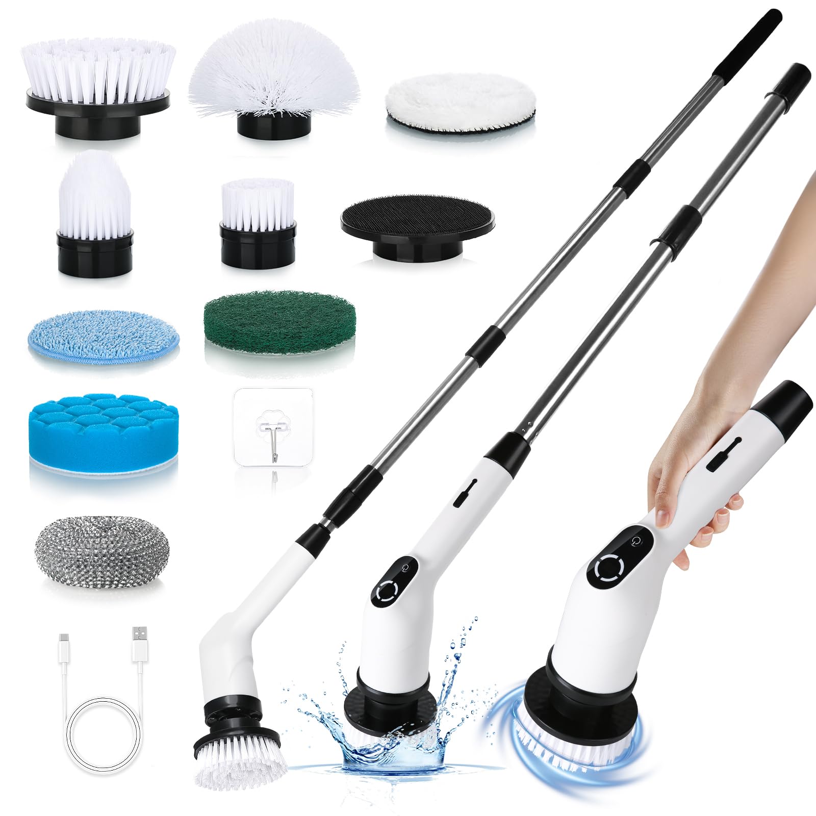 Tuocal White+Black-10Pcs Electric Spin Scrubber, Upgraded Cordless Cleaning Brush With 9 Replaceable Brush Heads And Adjustable Extension Handle, Power Cleaning Brush For Bathroom Bathtub Kitchen Tile Floor