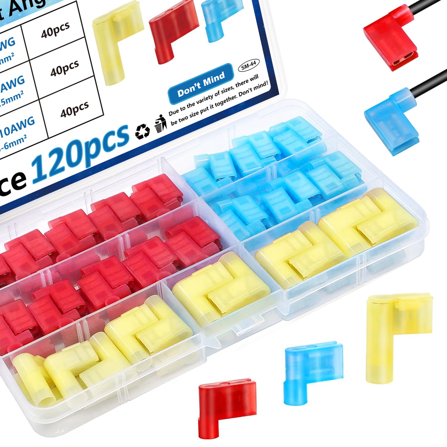 smseace 120Pcs Right Angle Spade Connector 22-18/16-14/12-10AWG Nylon Quick Disconnect Flag Terminal Red/Yellow/Blue 90 Degree Wire Terminal Connector