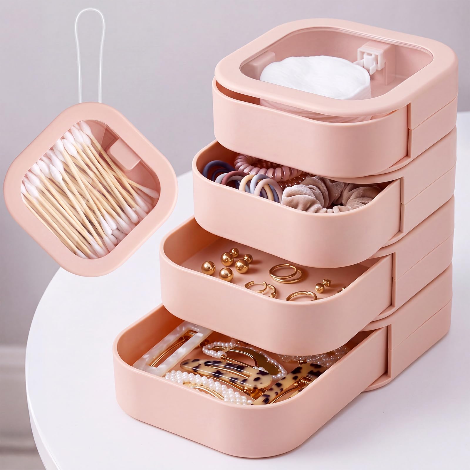 Organizador de corbatas para el cabello Kathfly rosa de 4 piezas portatil y apilable