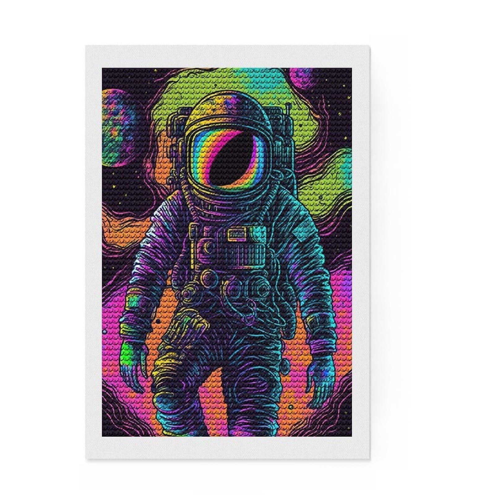 Junmoney Psychedelic Astronaut DIY Diamond Art Canvas Kit 8"x12", for Teens, Good for Quiet Evenings, Living Room Decor, Christmas Gift