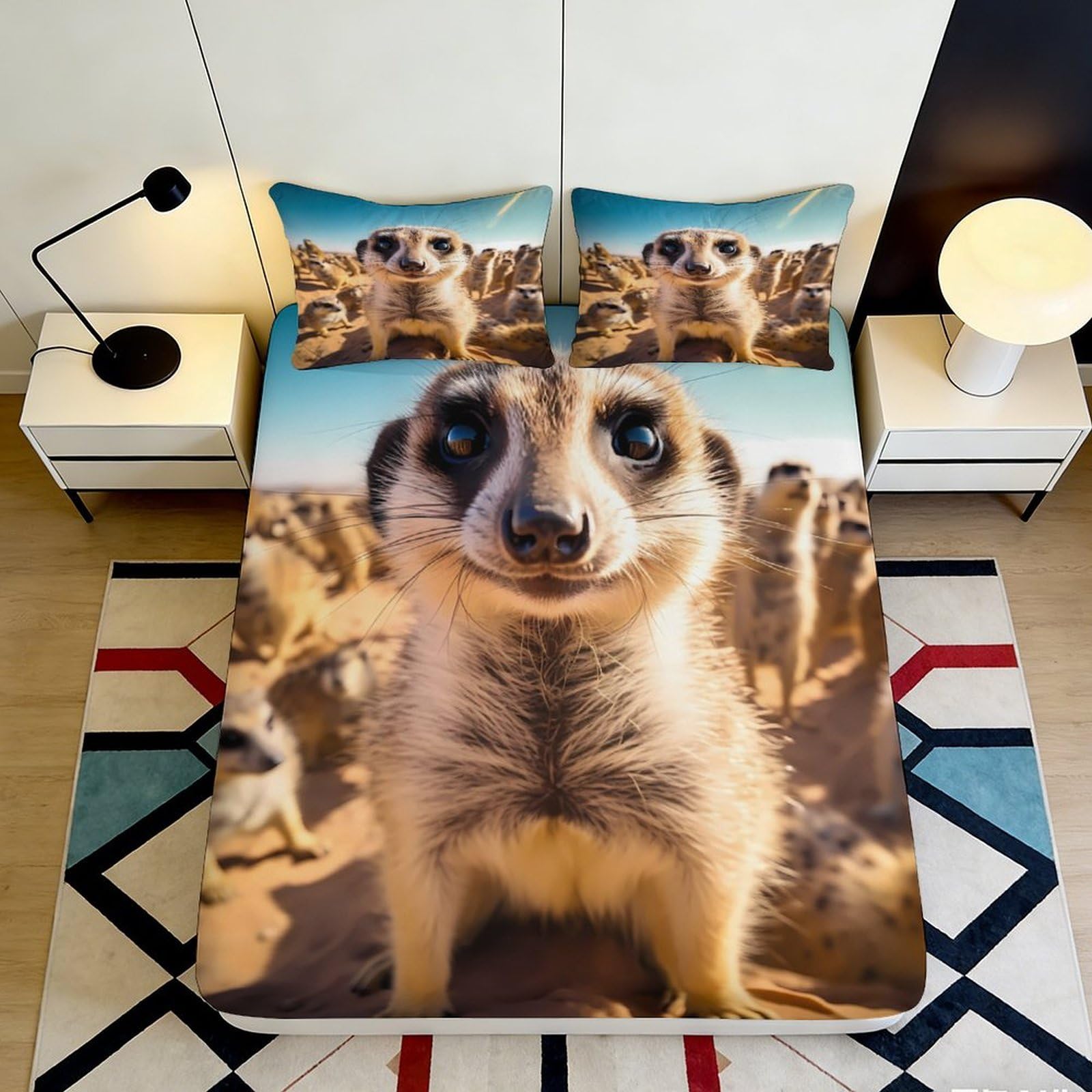 3D Printed Meerkat Desert Fitted Sheet Microfiber Soft Anti-Slip Bed Cover for Bedroom Dorm Mattress Decor 90x200x25cm