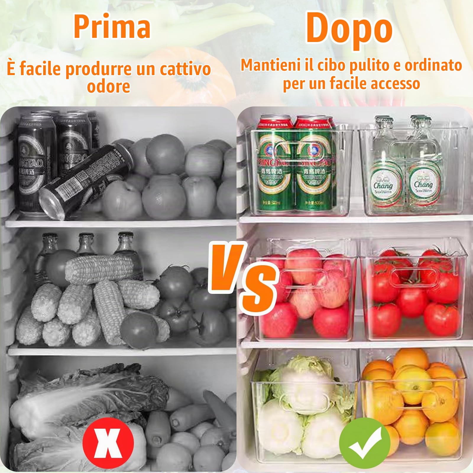 6Pcs Organizer Frigorifero con Maniglia,Organizzatore Cucina per Snack & Lattine, Set Contenitori Trasparente Impilabili per Frigo,Bagno,Dispensa Armadietti,Cassetti Frigoriferi,Ripiani (2 Dimensioni)
