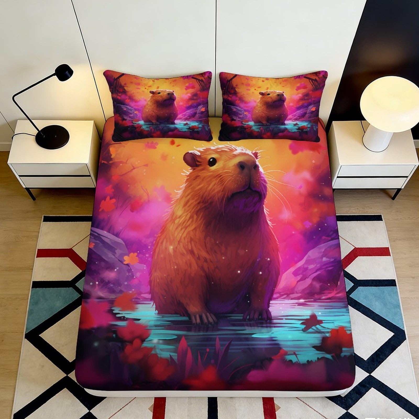 3D Printed Capybara Forest Fitted Sheet Microfiber Soft Purple Lake Mattress Cover for Bedroom Guest Room Decor 90x200x25cm
