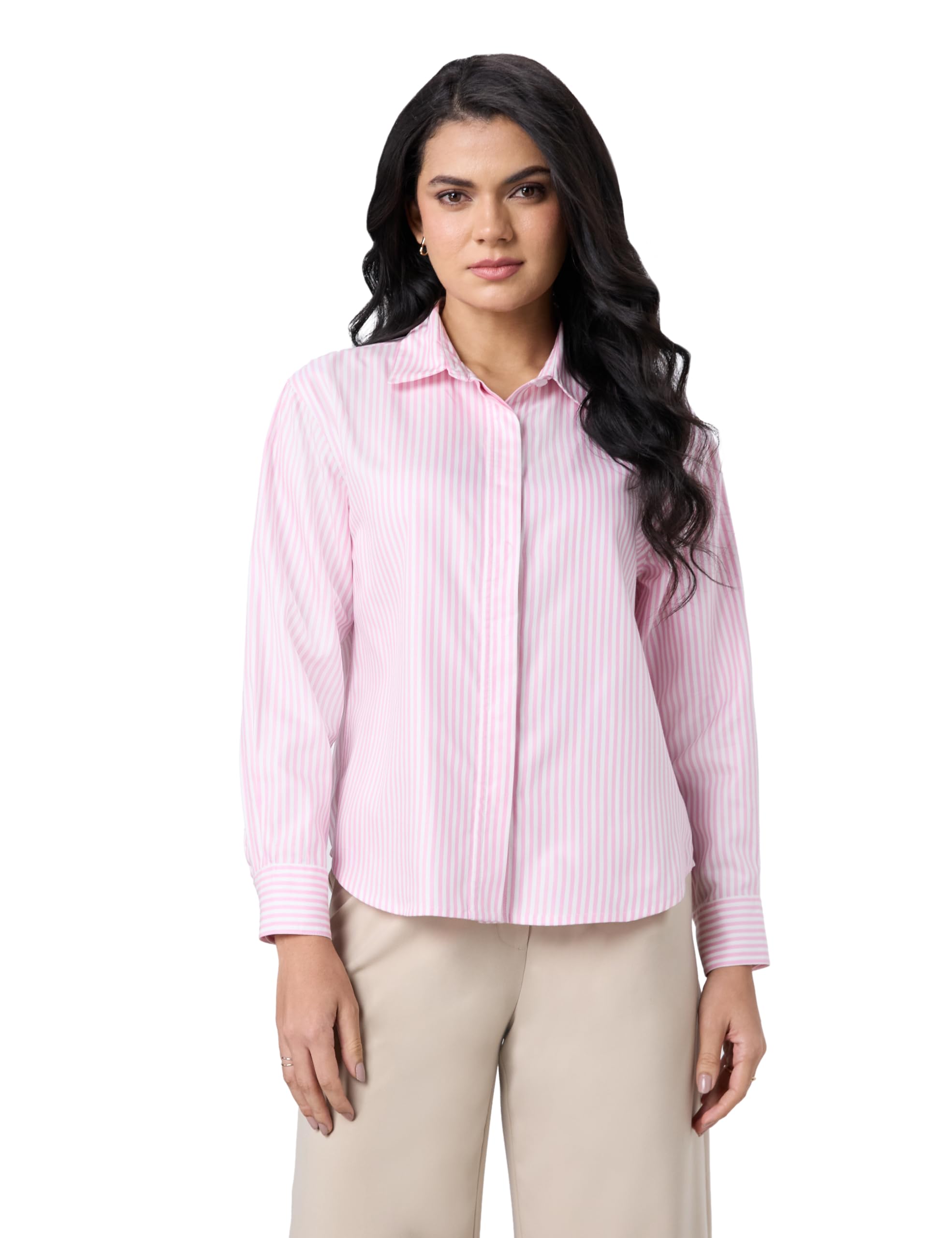 Flying Machine Women's Oversized Cotton Striped Shirt | Full Sleeve Button-Down | Office-Wear | Desk-to-Dinner | Concealed Placket (Available in Plus Sizes) in neutral