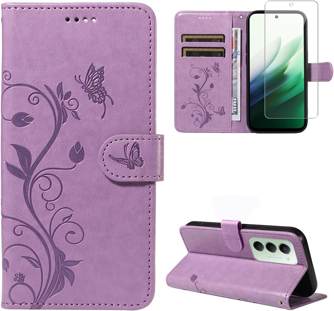Case compatible avec la version Xiaomi Redmi 15 4G / 5G EU (pas pour la version globale) et un protecteur d&rsquo;écran en verre trempé de 1 pièce, un boîtier en cuir PU Premium, un stand et un boîtier de fonction Flip – Purple