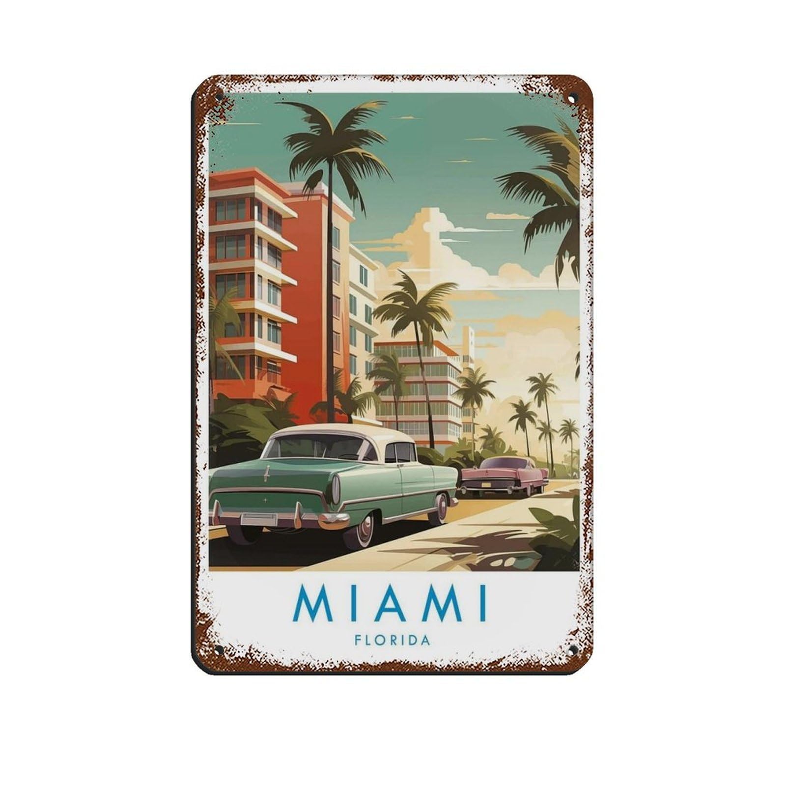 Miami Travel, Florida Retro Poster Metal Tin Sign Chic Art Retro Iron Painting Bar People Cave Cafe Family Garage Poster Wall Decoration 8x12inch(20x30cm)