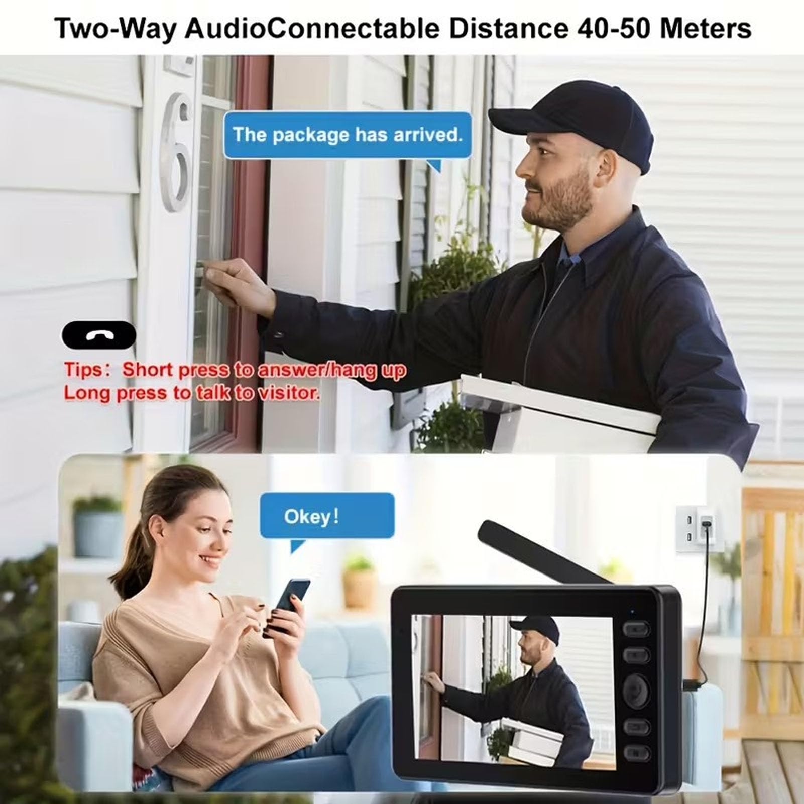 Cuifati Timbre con Video Inalámbrico, 1080P HD 110° Gran Angular Timbre con Video WiFi Inteligente, System de Intercomunicación con Videoportero Inalámbrico con Pantalla de 4.3 "para