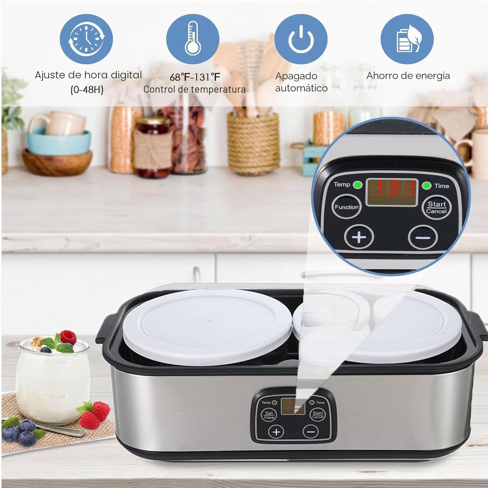 2L Maker de Yogurt con Control AutomaticteMe & Temp, Fabricante de Yogurt Griego, Temporizador de 48h y Frascos Fáciles de Vidrio Limpio