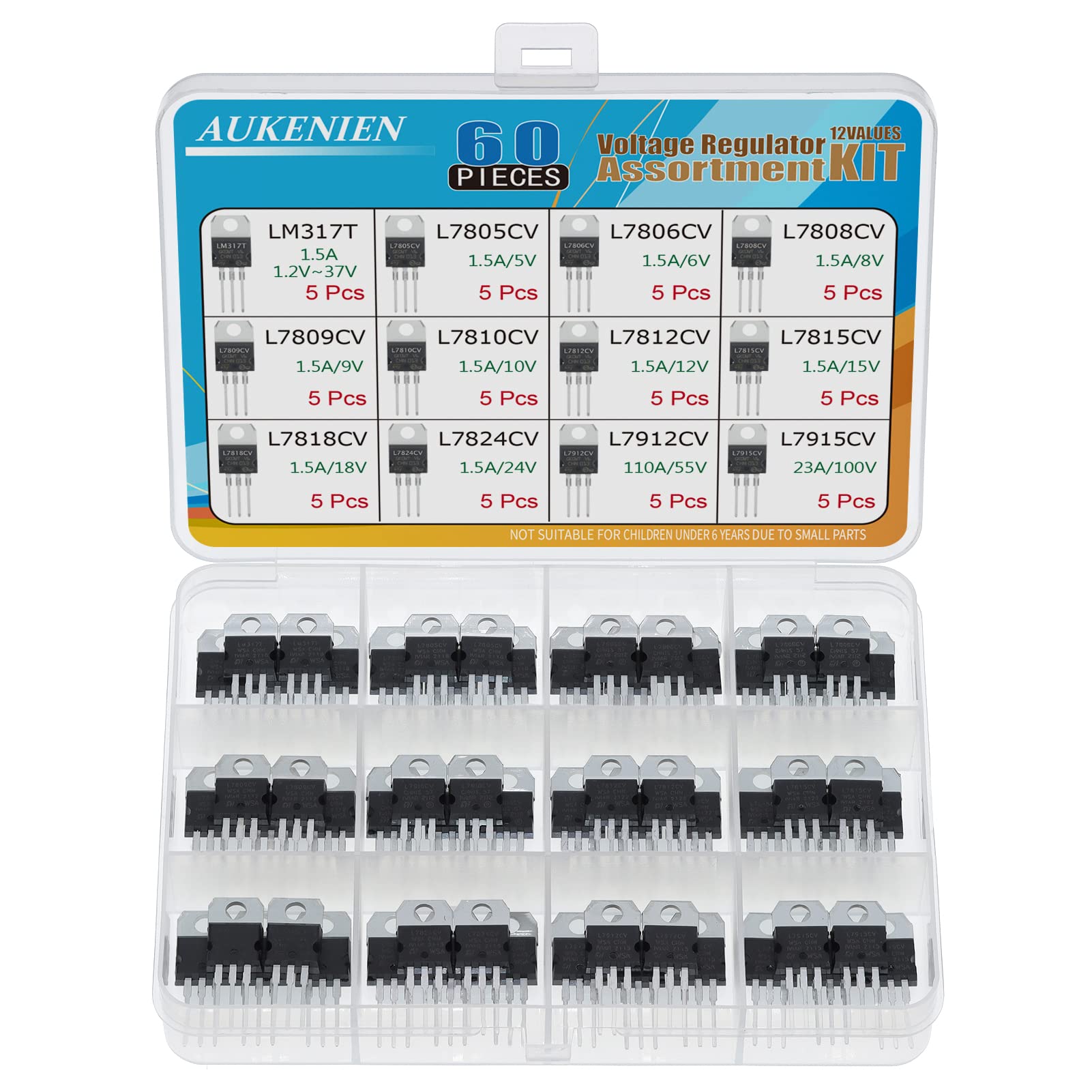 Sponsored Ad – AUKENIEN 12 Values 60pcs L7805 LM317 L7806 L7808 L7809 L7810 L7812 L7815 L7818 L7824 L7912 L7915 Linear Positive Negative Voltage Regulator Assortment Kit TO-220