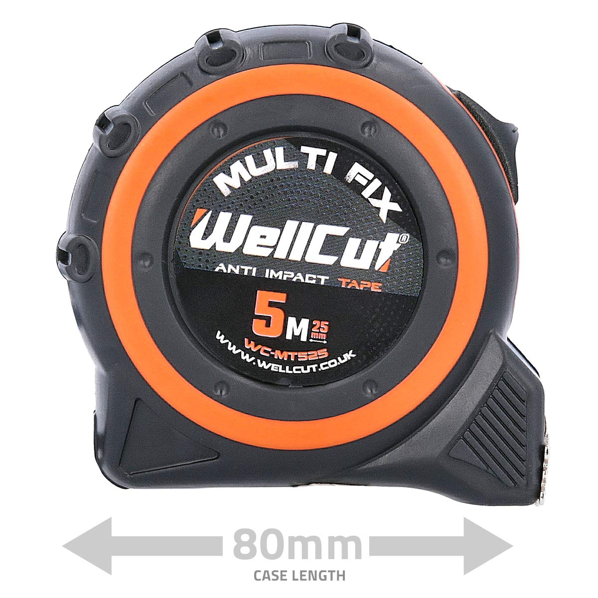 Wellcut Mètre ruban professionnel rétractable - Mètre ruban magnétique - 5 m - 25 mm de large - Système Multifix - Clip de ceinture en métal - Noir/orange