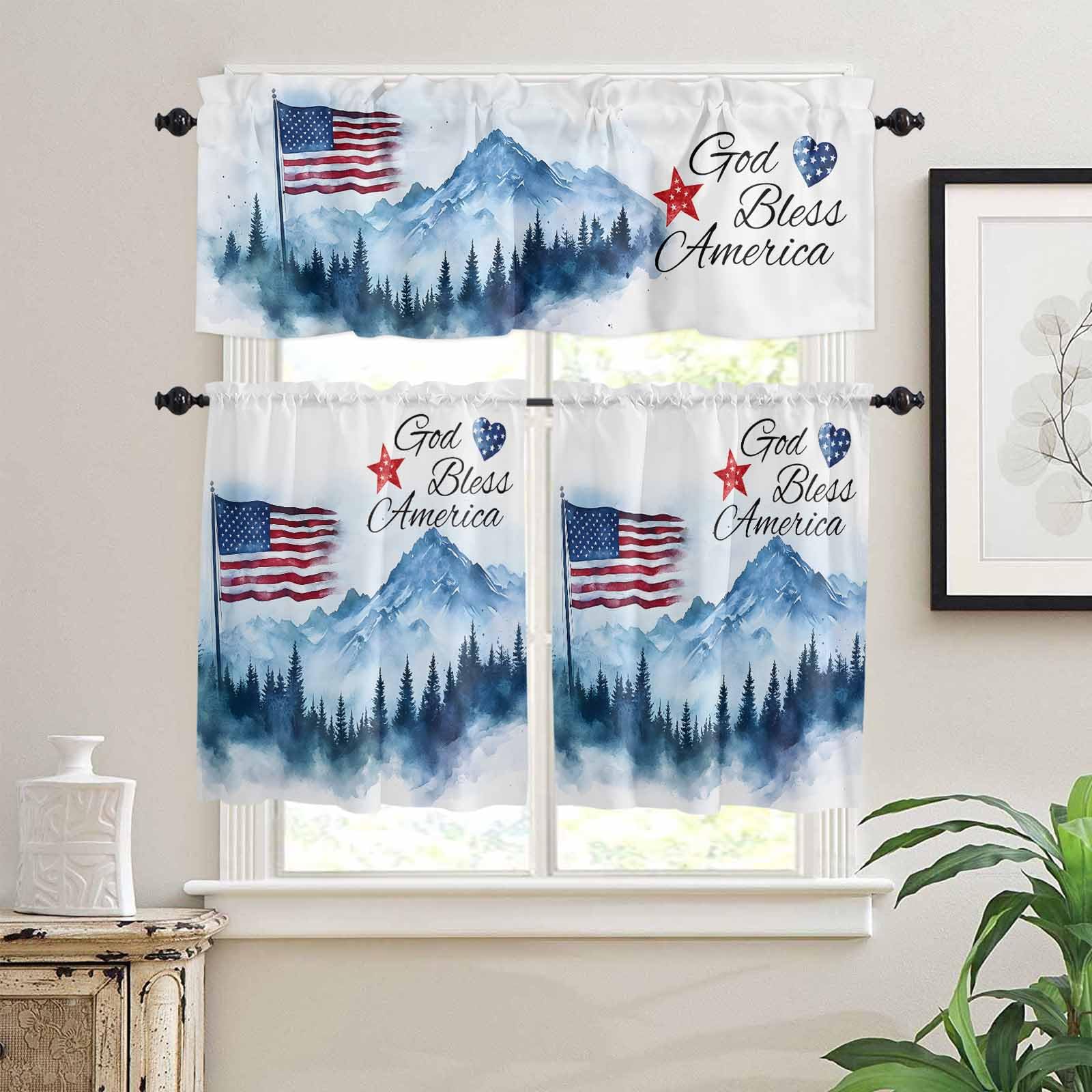 4th of July American Flag Kitchen Curtains 24 Inch Length, 3 Piece Rod Pocket Small Half Tiers and Valance Set, Independence Day Forest Small Large Window Treatment Decor for Bedroom/Bathroom Sink