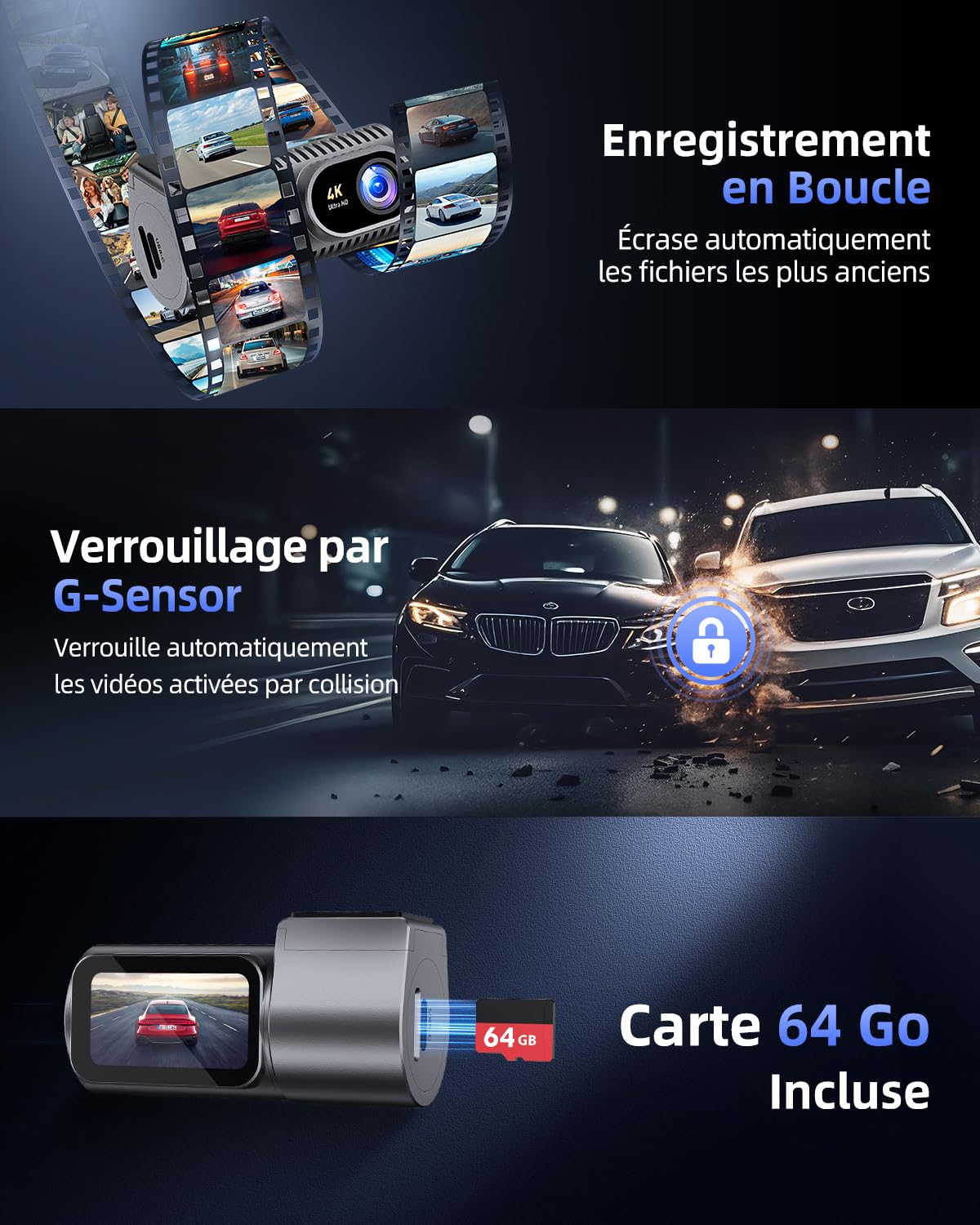 Dashcam Voiture 4K avec Écran IPS 1,5" & 5G WiFi & Carte SD 64G, Mini Dash Camera Voiture Rotative 360°, WDR, Mode Stationnement 24H, Capteur G, Enregistrement en Boucle, Grand Angle 170°, C200