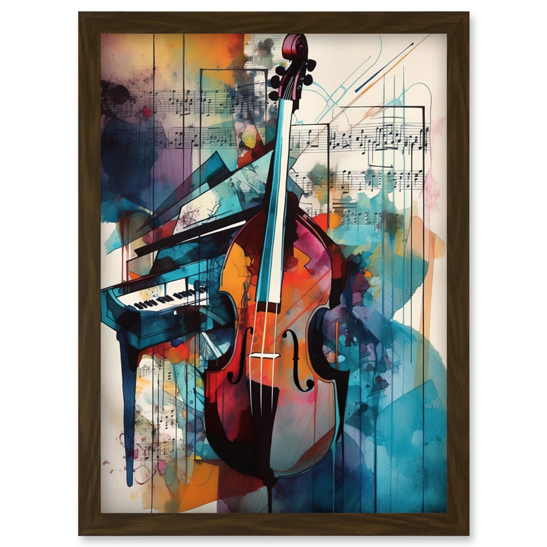 Watercolour Violin and Piano Music Note Abstract Art Print - Framed Wall Art A4