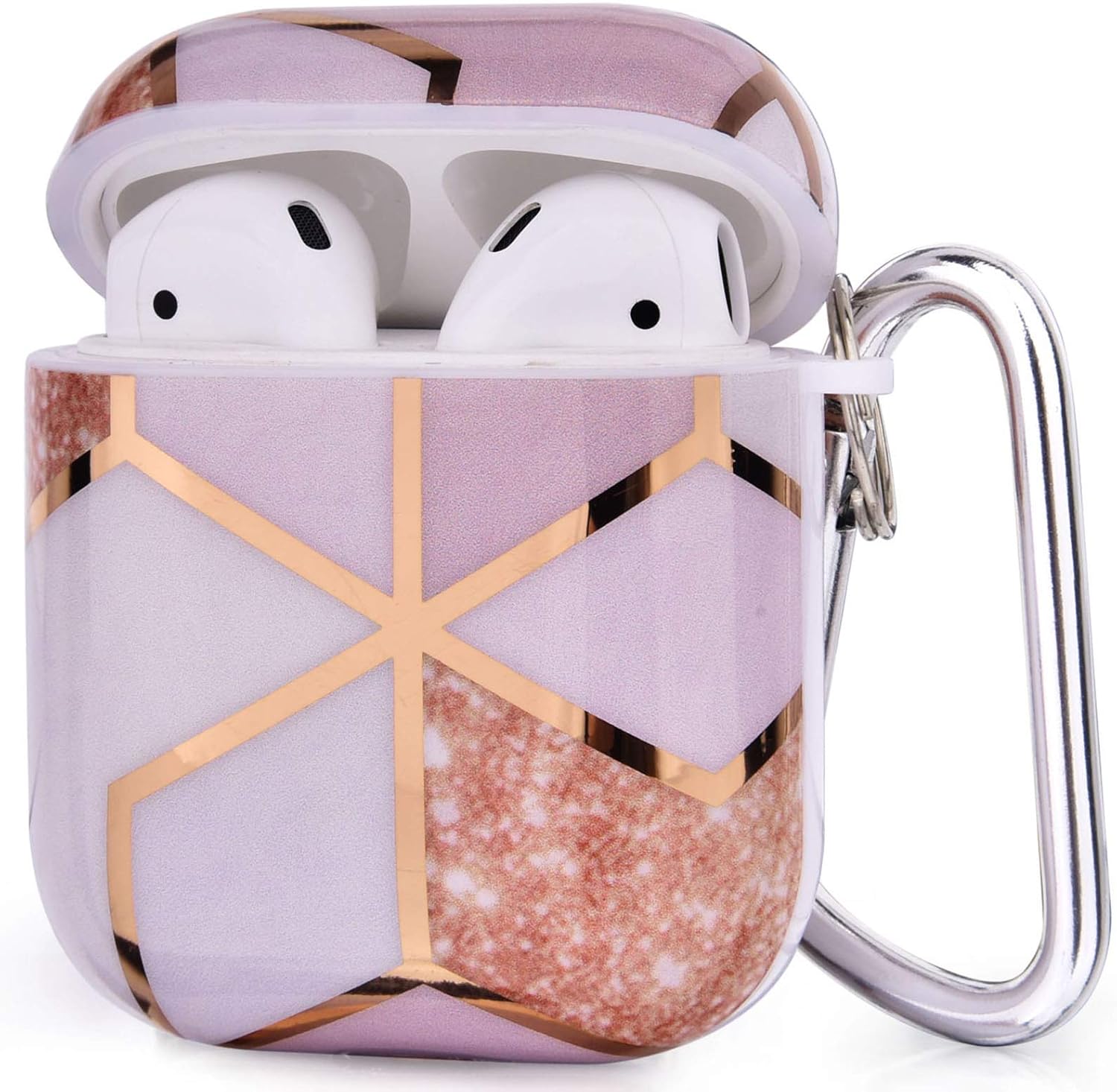 CAGOS Compatible with Airpods Cases, 3 in 1 Cute Rose Gold Marble Airpods Protective Hard Case Cover Shockproof Women Girls Men with Keychain/Strap/Earhooks for Airpods 2/1 Charging Case - Light Pink