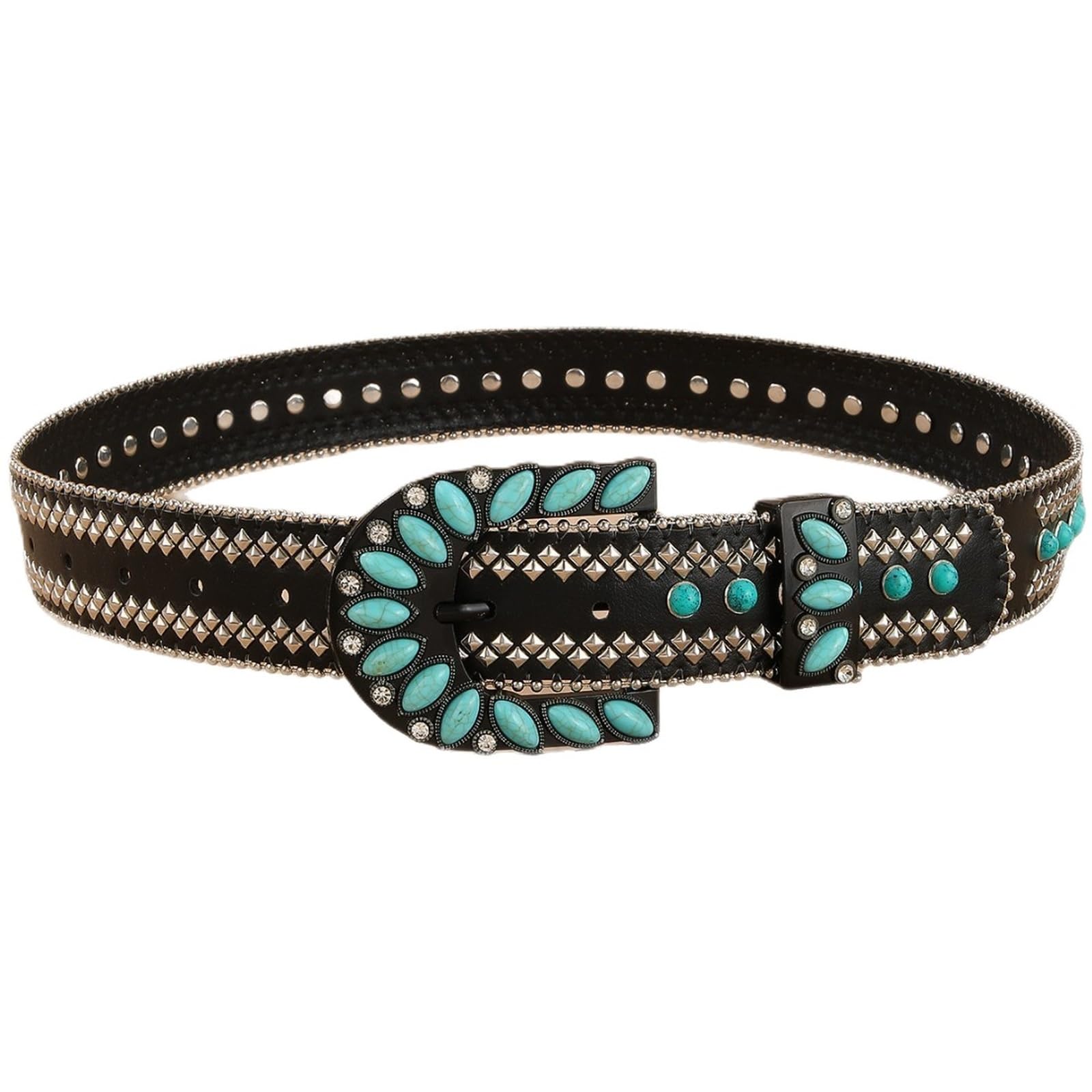 AGUTALITHIC Womens Mens Rhinestones Turquoise Cowgirl Cowboy Western-Belt Square Rivets Studded Leather Strap for Jeans Pants(105cm/41, Black)