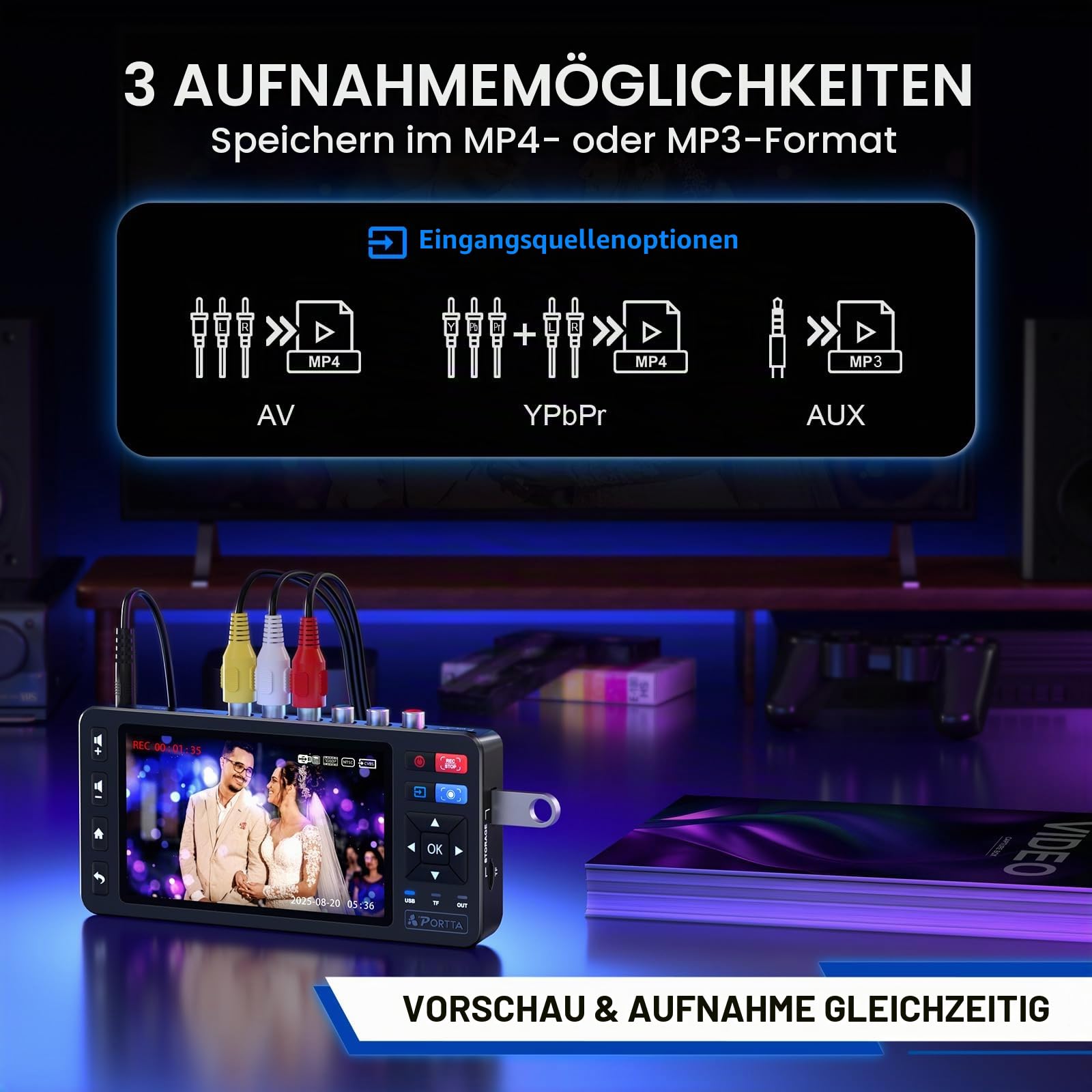 Portta VHS to Digital Converter, Videokassetten Digitalisieren with 5" LCD & Remote, Compatible with VHS, VCR, DVR, DVD, Hi8, Mini DV, Camcorder, Cassette Tape, Gaming Consoles