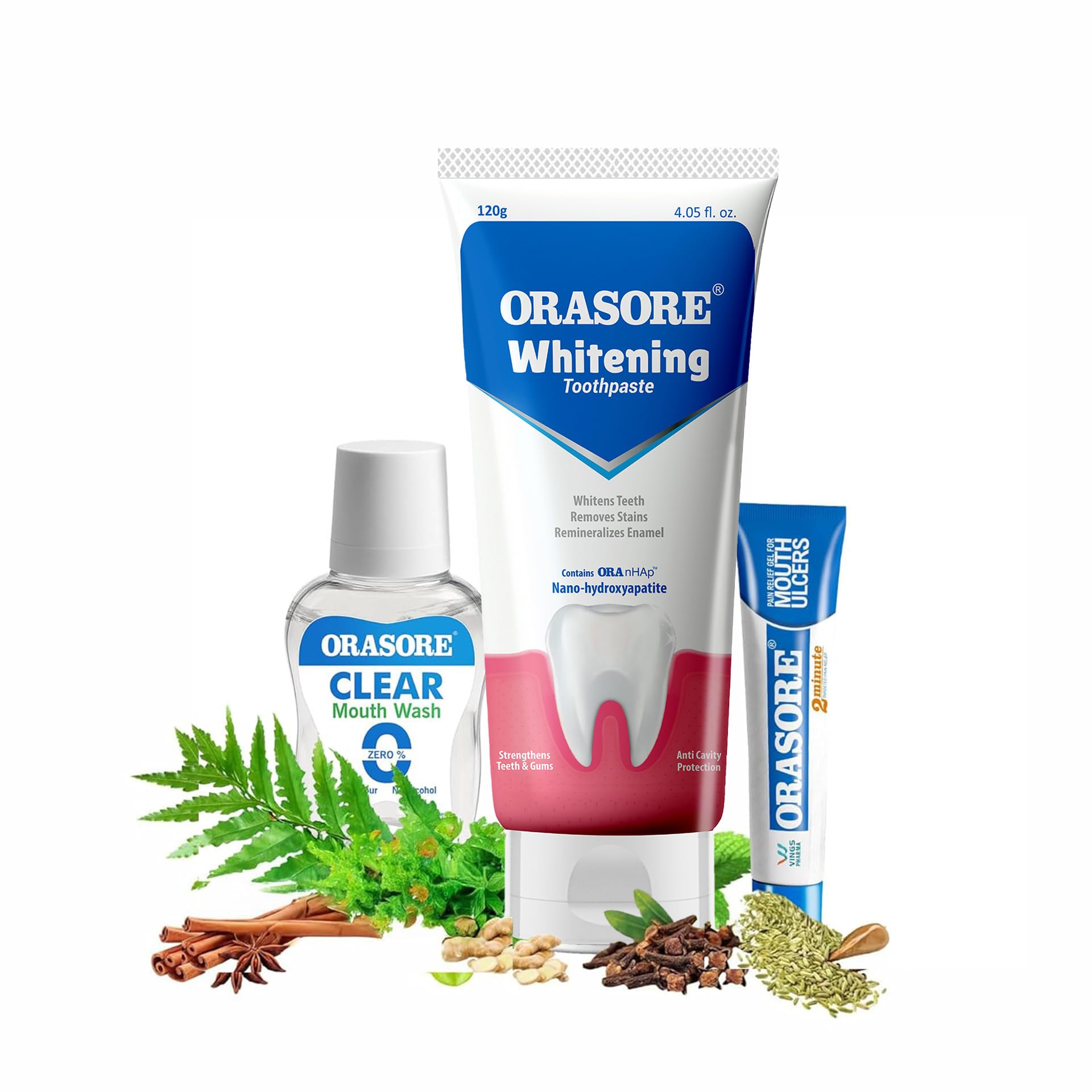 Orasore Whitening Combo | Mouth Ulcer Gel 12g + Clear Mouth Wash 100ml + nHAp Whitening Toothpaste 120g