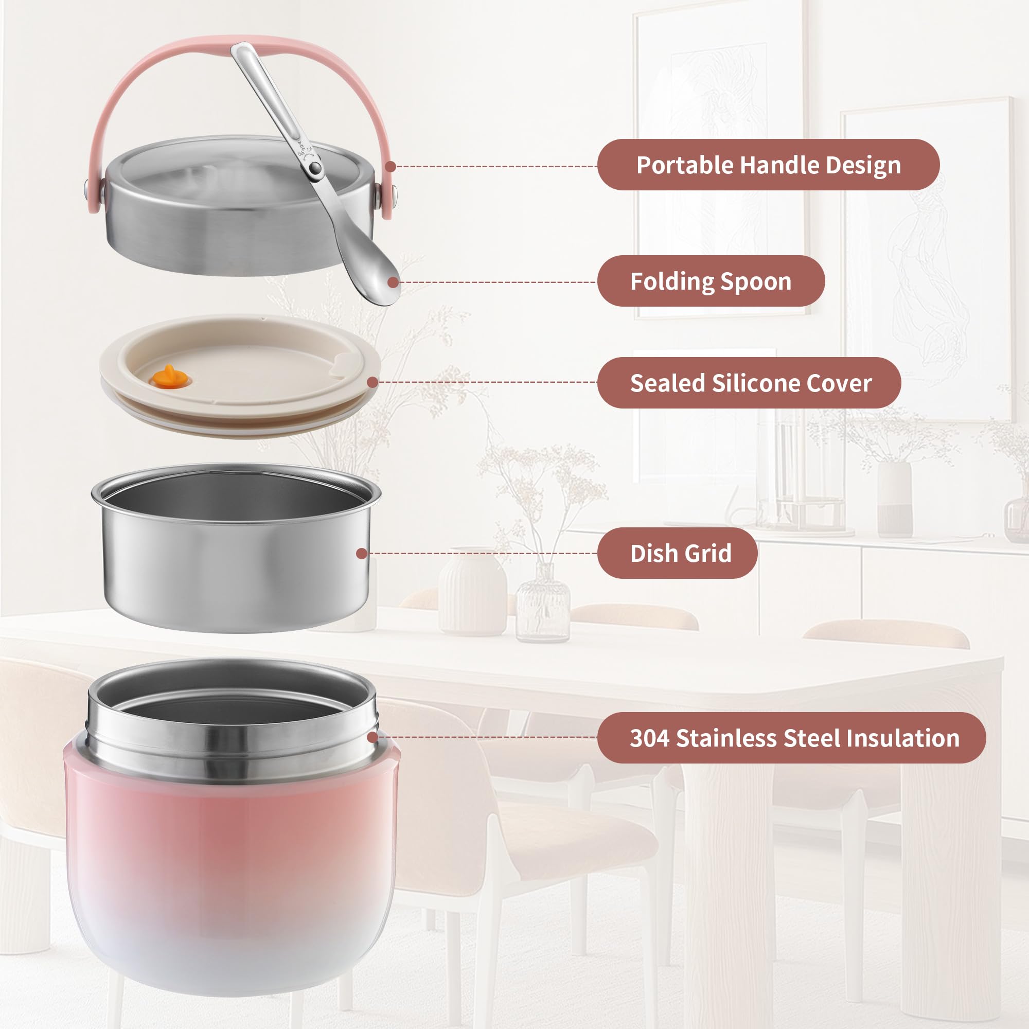 Thermos per Alimenti 1200 ml Contenitore Termico per Alimenti con Cucchiaio Pieghevole Porta Pappa Termico per conservare zuppe, porridge,Riso (Rosa)