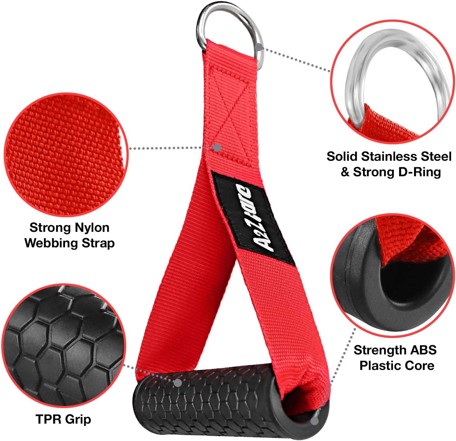 A2ZCARE Heavy Duty Exercise Handles with 2 D-Rings, Premium Exercise Hand Grips Attachment for Pulley LAT Pulldown System and Resistance Bands (Red) : Sports & Outdoors